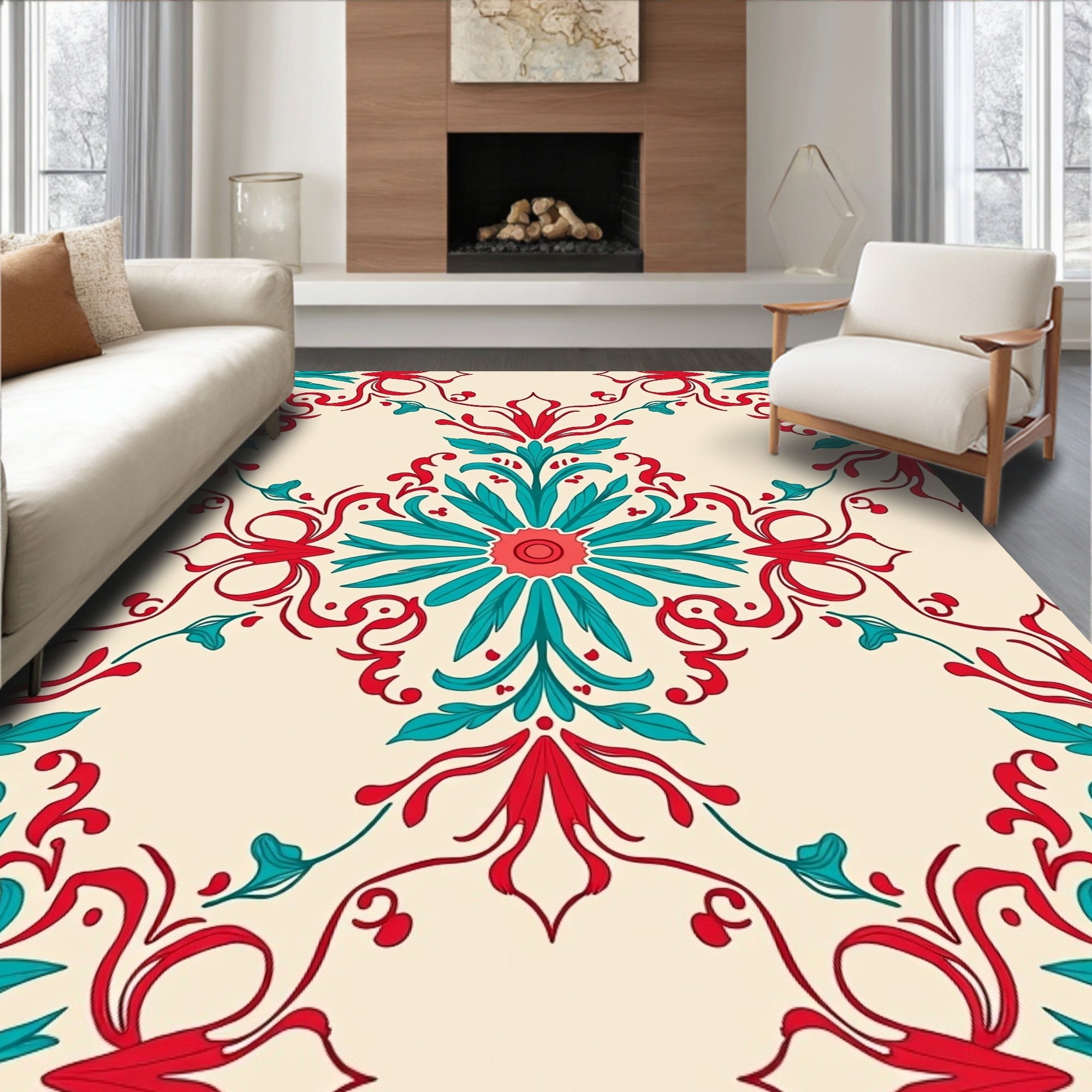 Regal Red Teal Floral Mandala Design Rug
