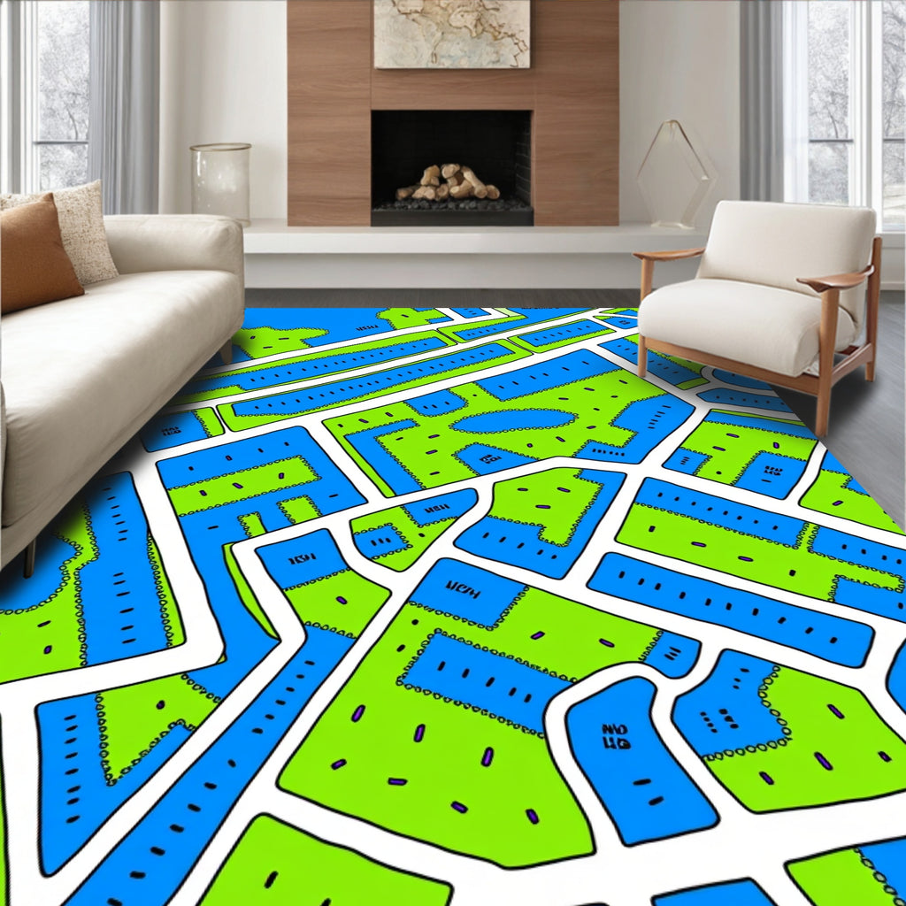 Bright Blue Lime Green City Blocks Rug
