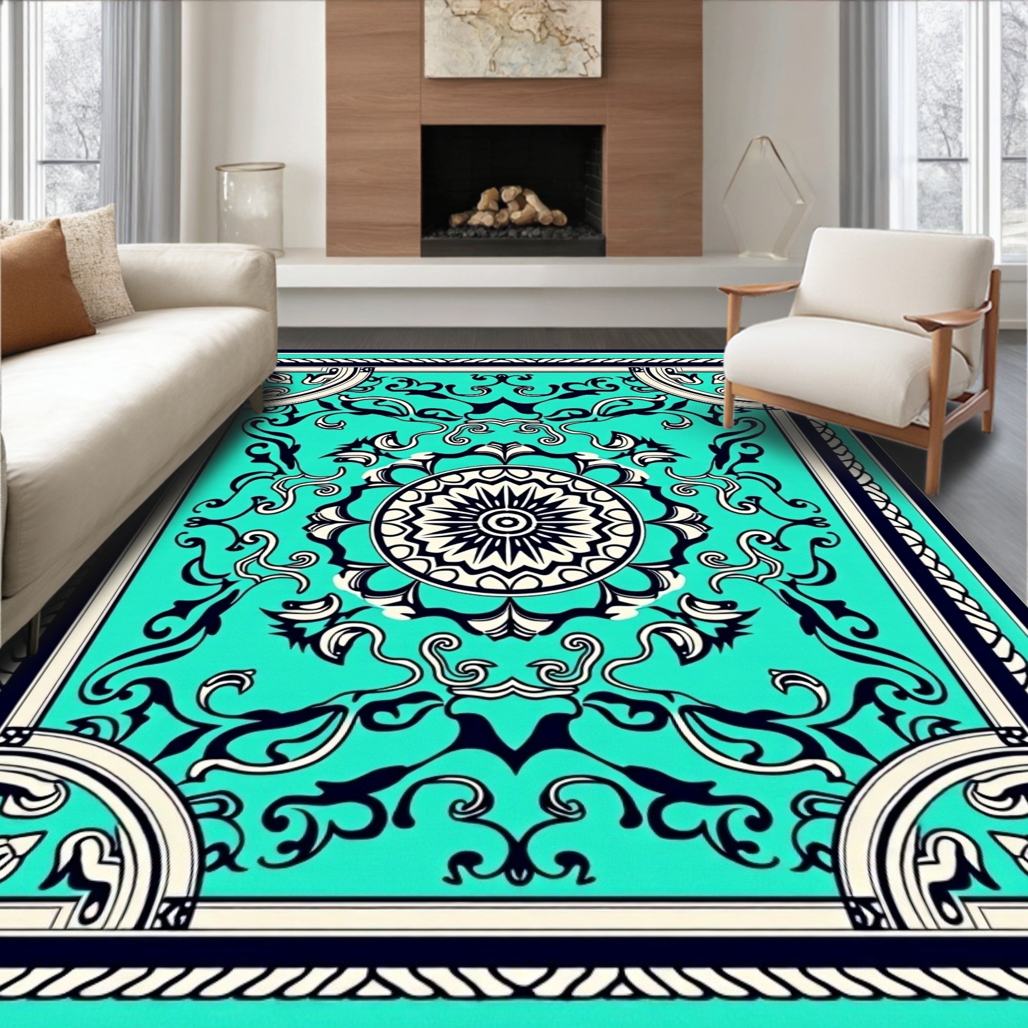 Turquoise Rococo Floral Medallion Rug