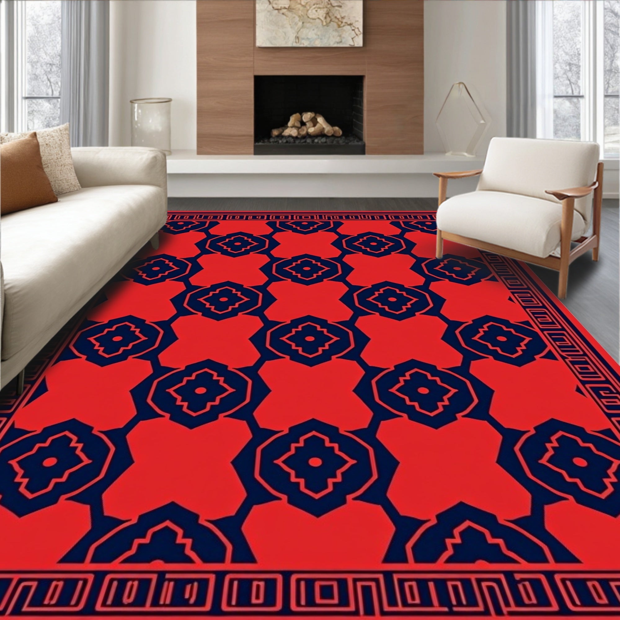 Bold Red Blue Geometric Pattern Rug