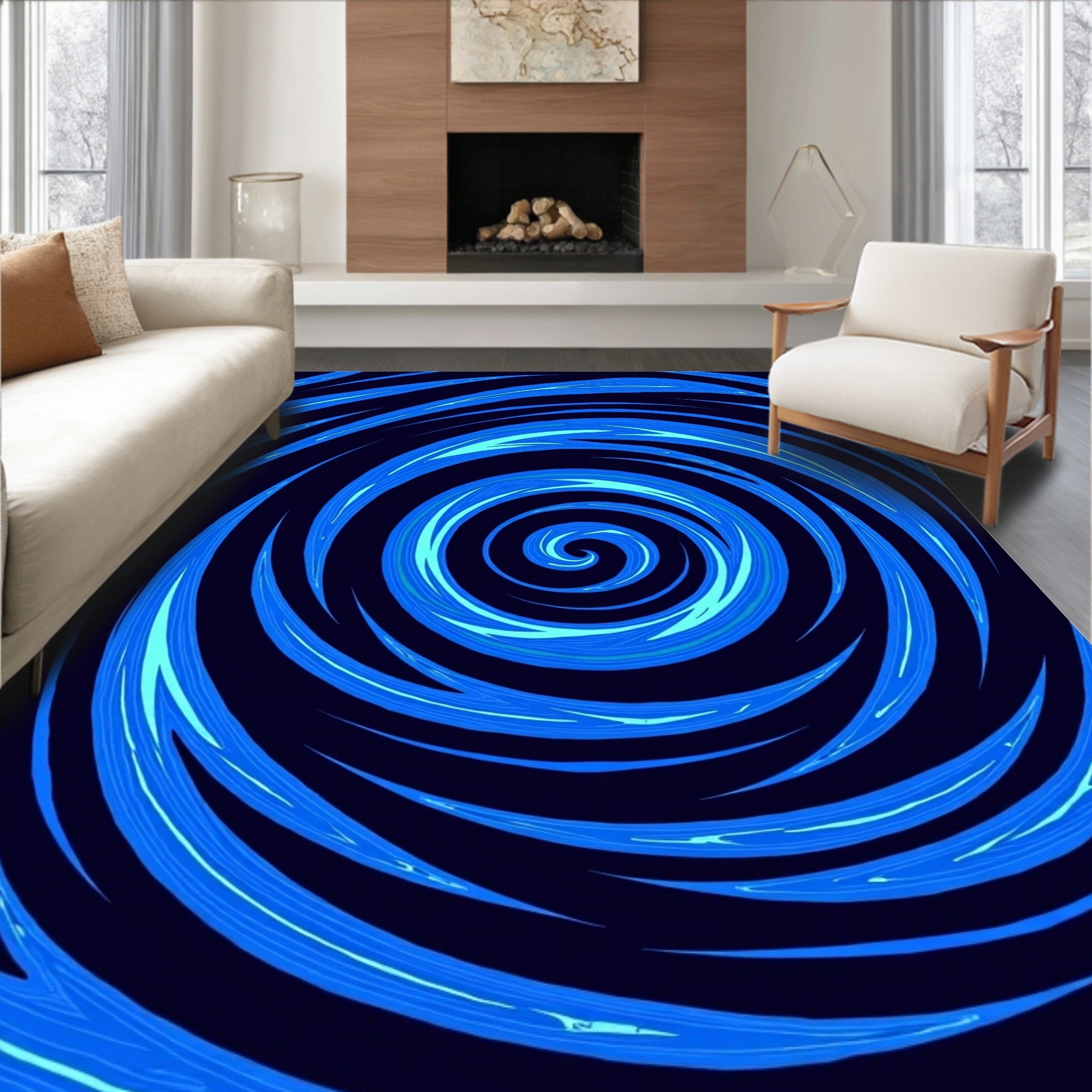 Abstract Blue Swirl Pattern Rug