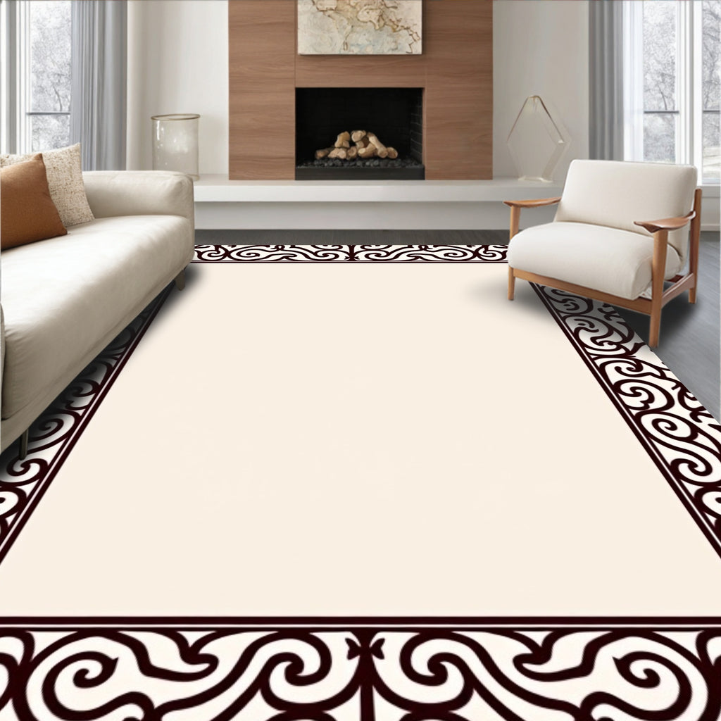 Elegant Scrollwork Dark Cream Border Rug
