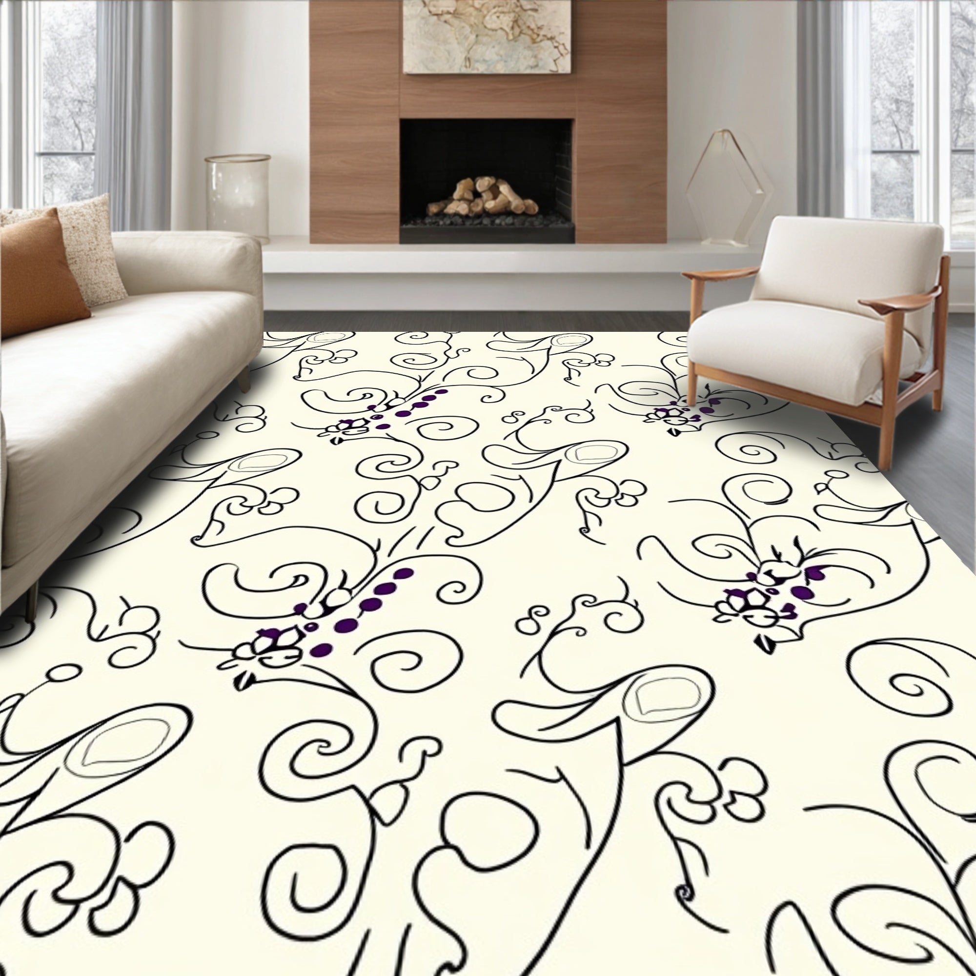 Elegant Black Vine Foliage Pattern Rug