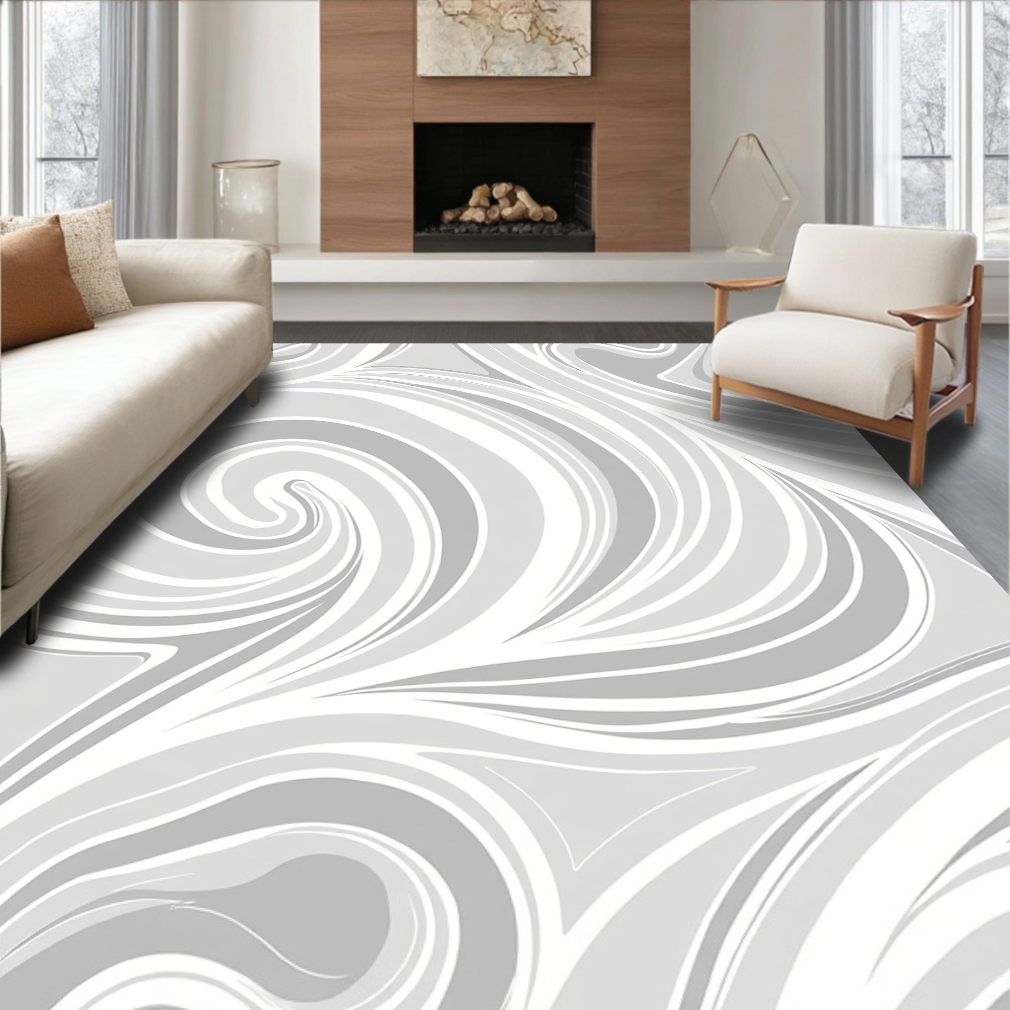 Swirling Abstract Gray White Design Rug