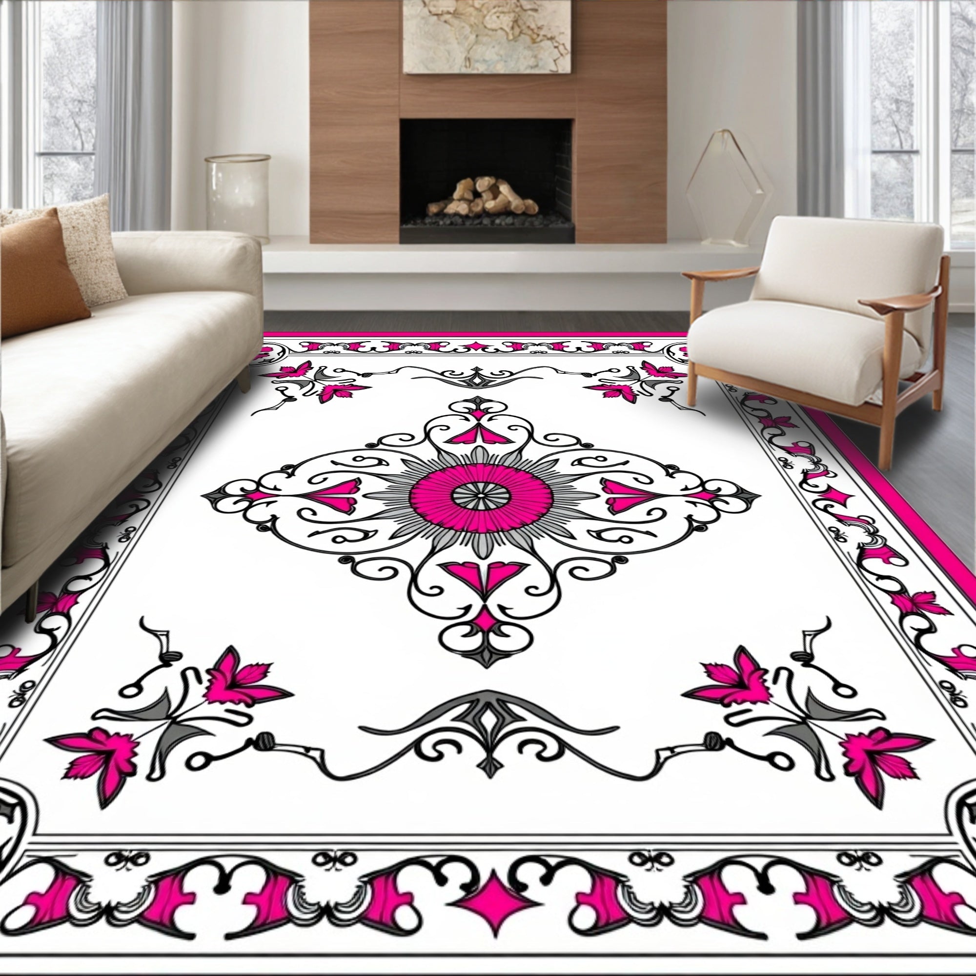 Ornate Floral Mandala Pink Grey Design Rug