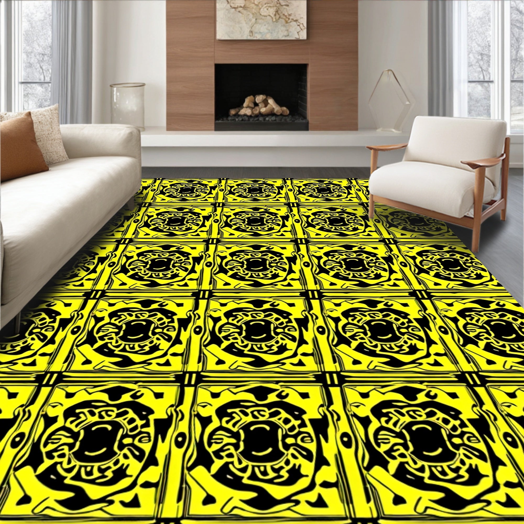 Bold Yellow Abstract Tile Pattern Rug