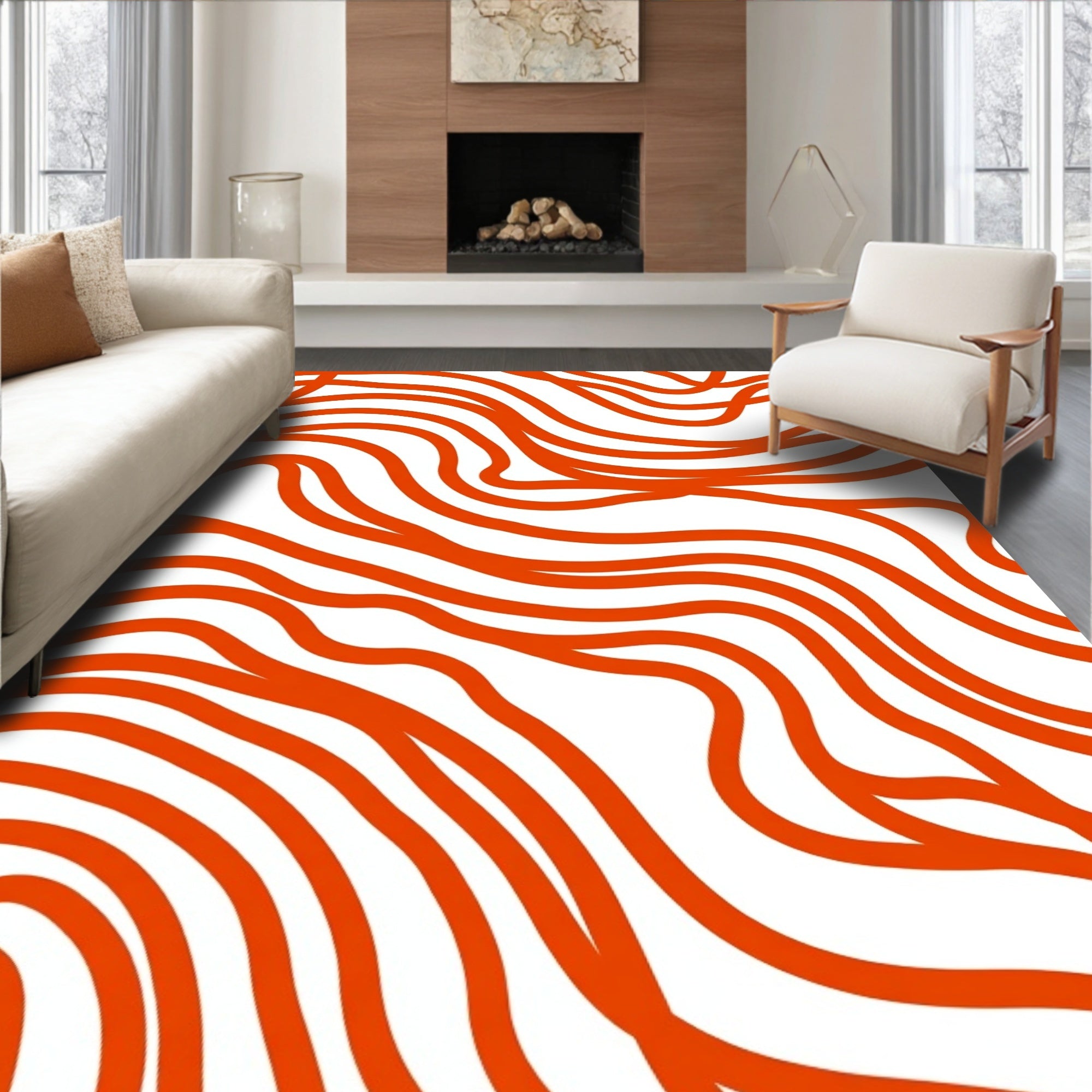 Orange Wavy Line Abstract Design Rug