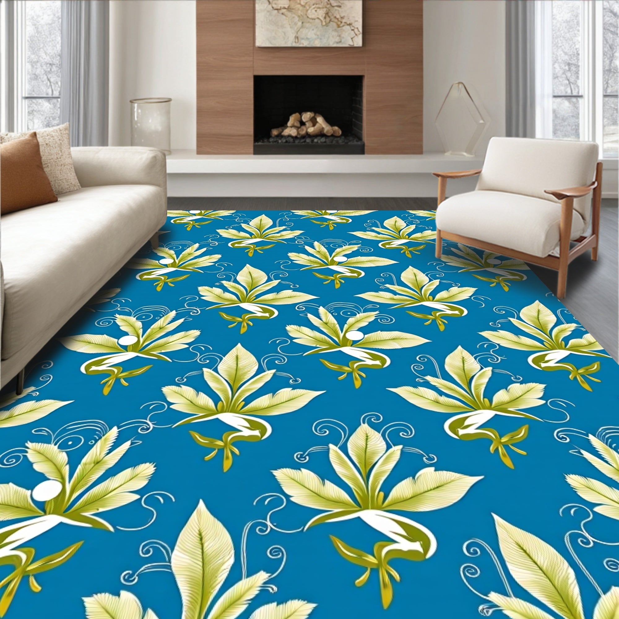 Classic Blue Green Leafy Blossom Rug