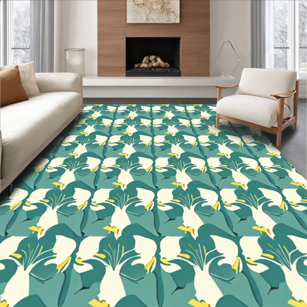 Teal White Abstract Floral Composition Rug