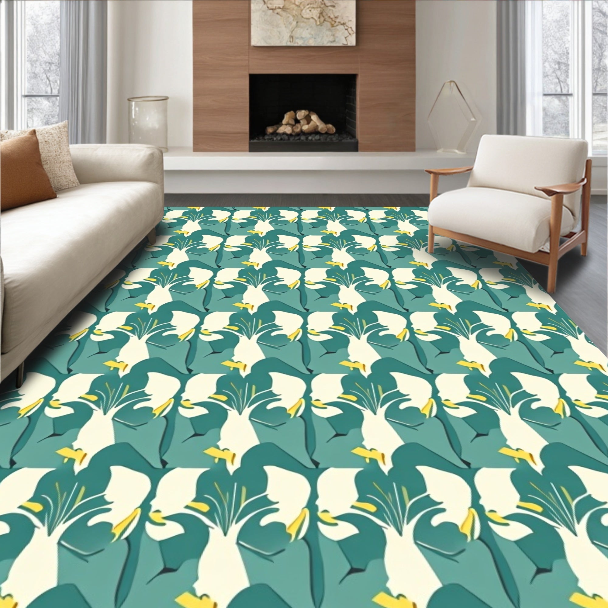 Teal White Abstract Floral Composition Rug
