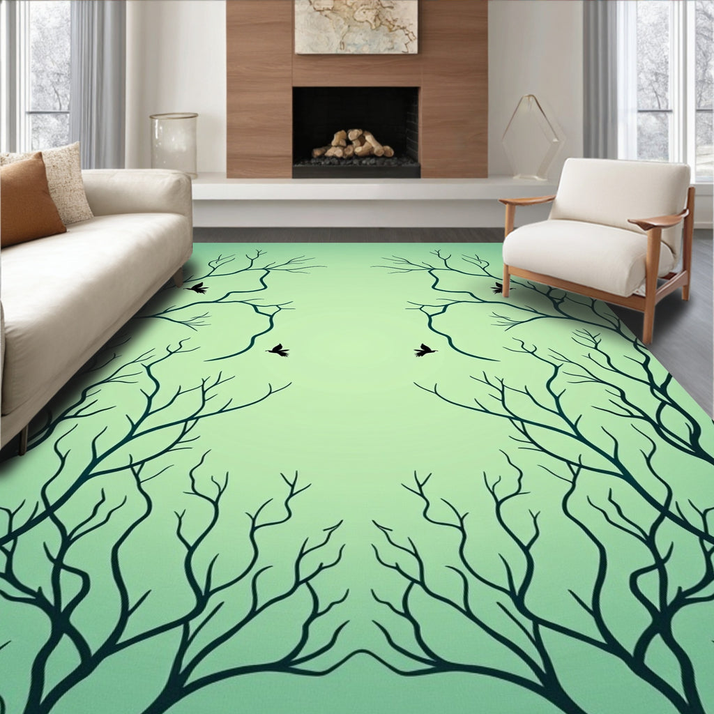 Minimalist Trees Flying Birds Pattern Rug