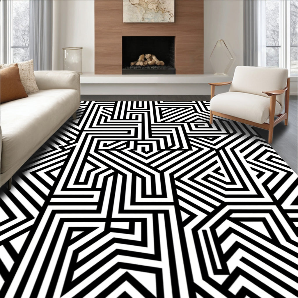 Bold Black White Geometric Maze Pattern Rug