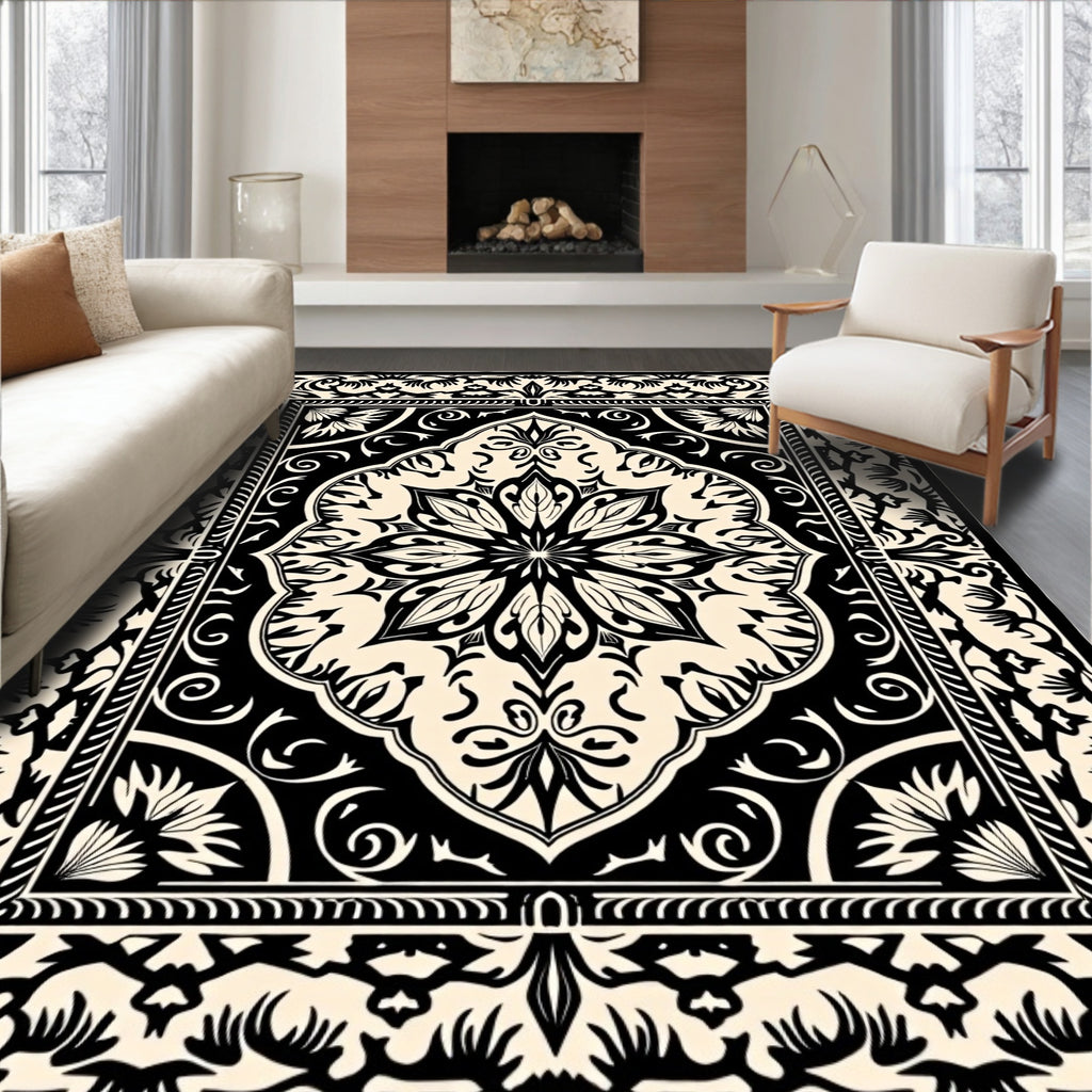 Ornate Floral Mandala Black Cream Rug