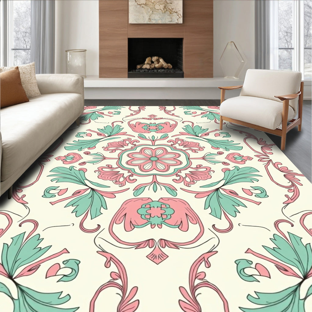 Floral Scrollwork Pink Mint Pattern Rug