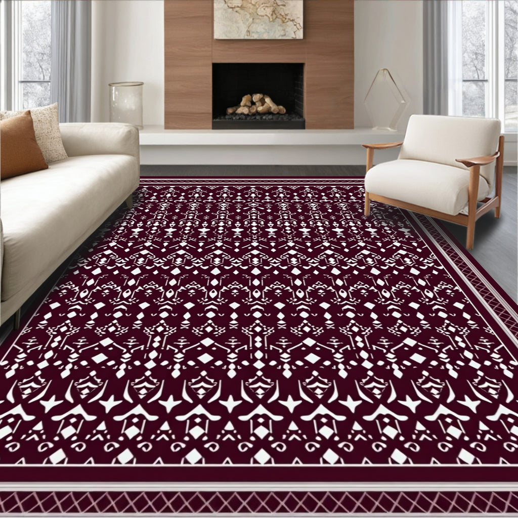 Dark Red White Intricate Pattern Design Rug