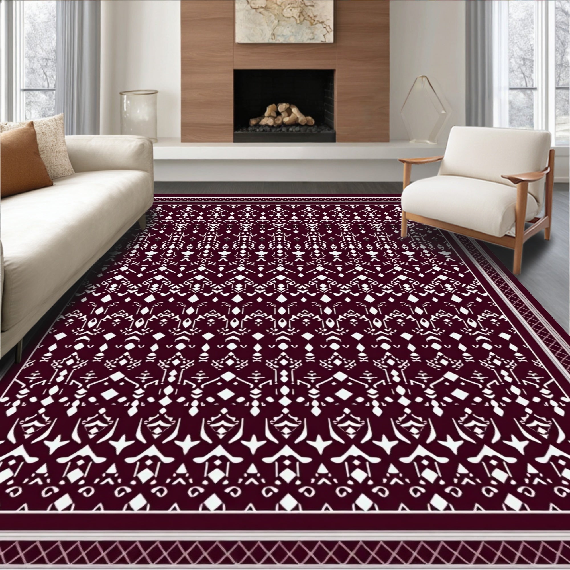 Dark Red White Intricate Pattern Design Rug