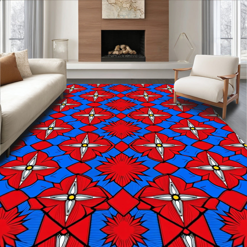 Bold Red Blue Floral Pattern Rug