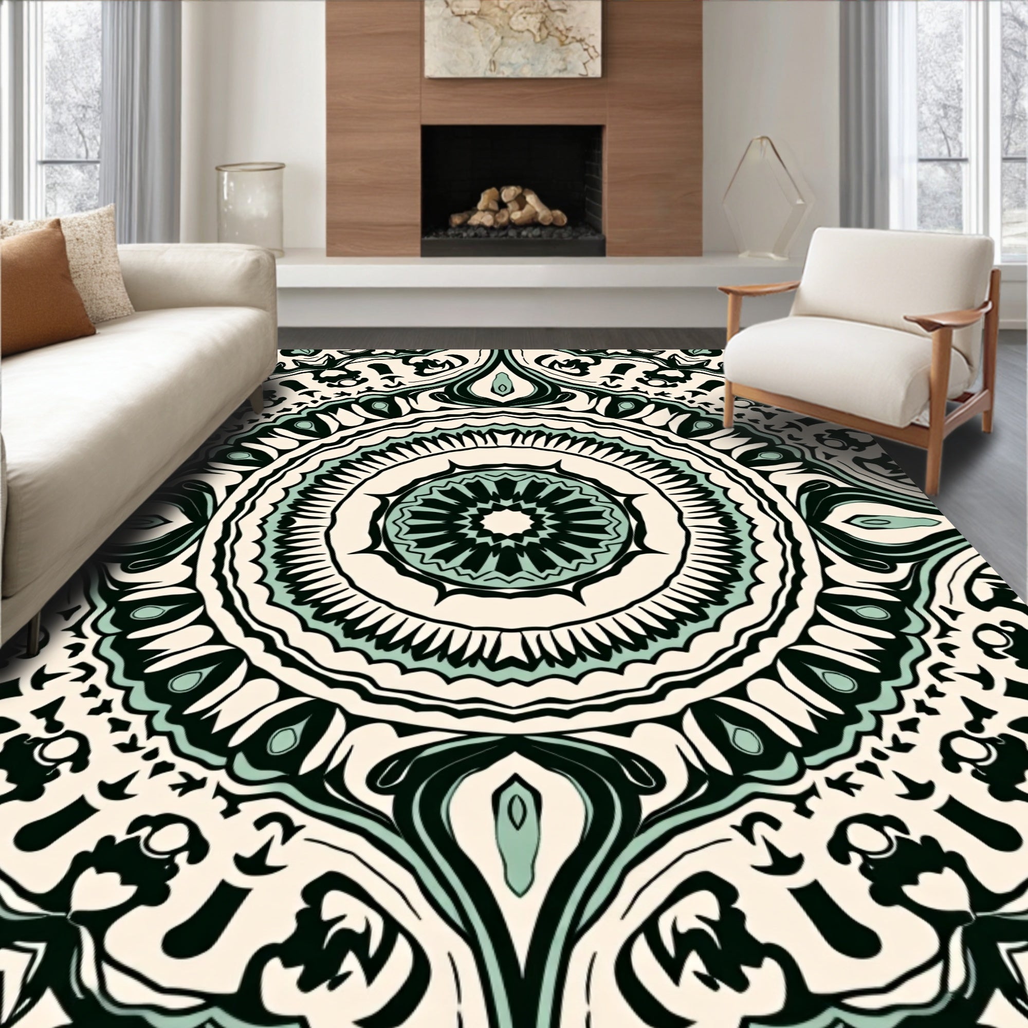 Intricate Teal Floral Mandala Design Rug