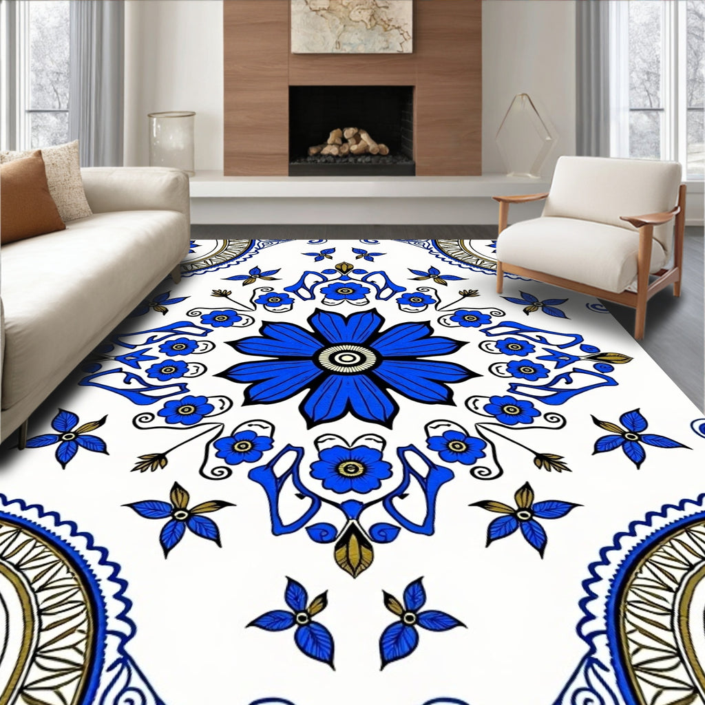 Bold Blue Floral Mandala Pattern Rug