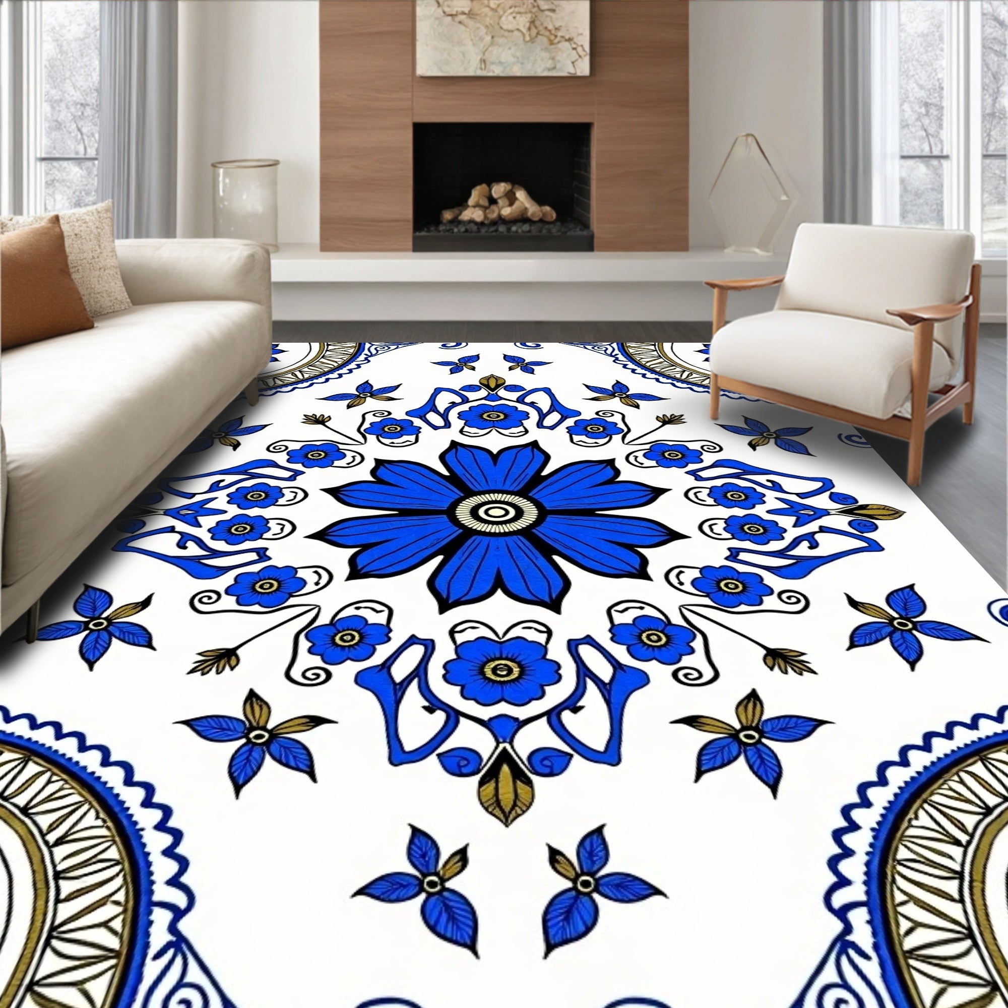 Bold Blue Floral Mandala Pattern Rug