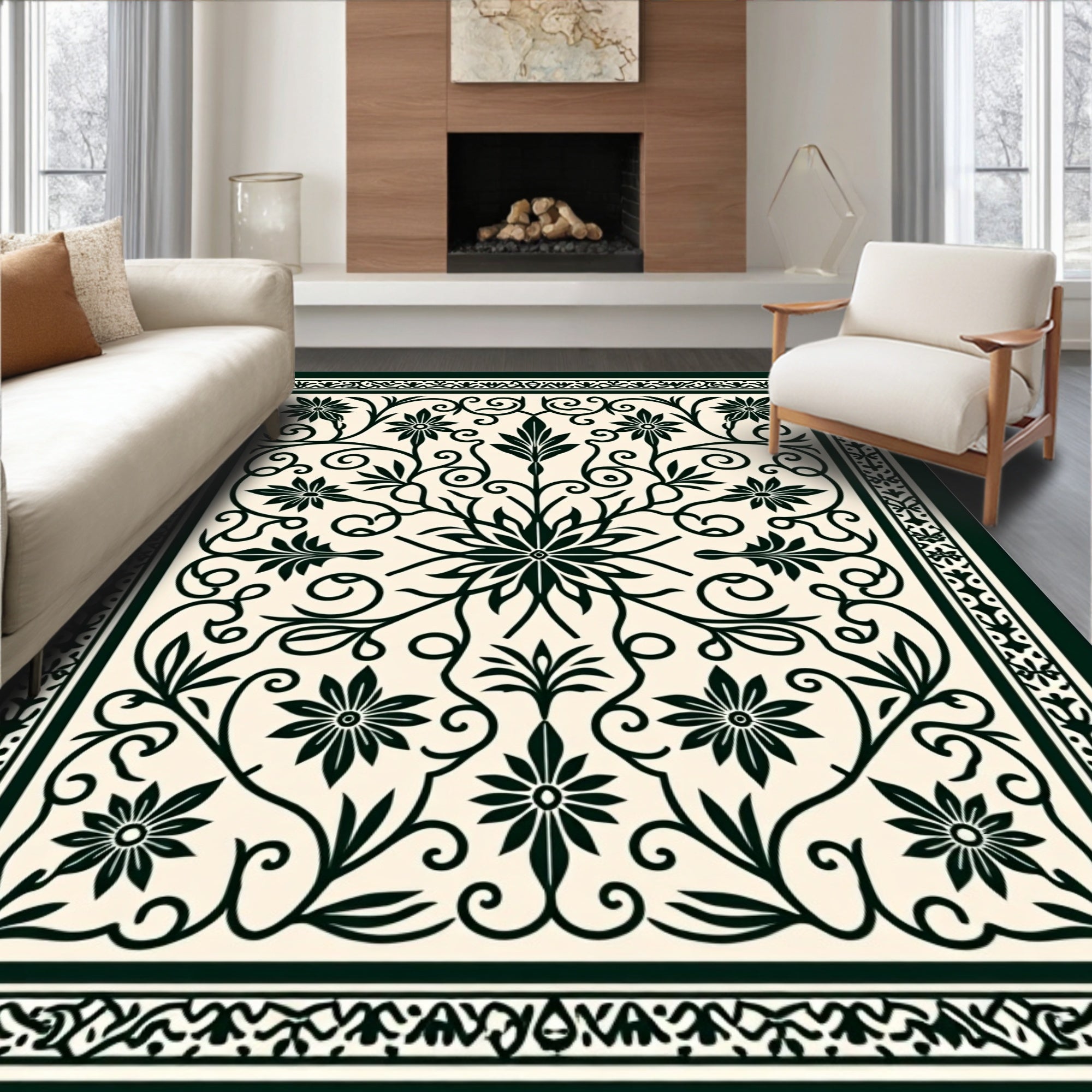Classic Floral Vines Border Design Rug