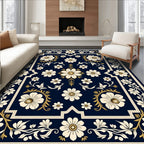 Elegant Navy White Floral Border Rug