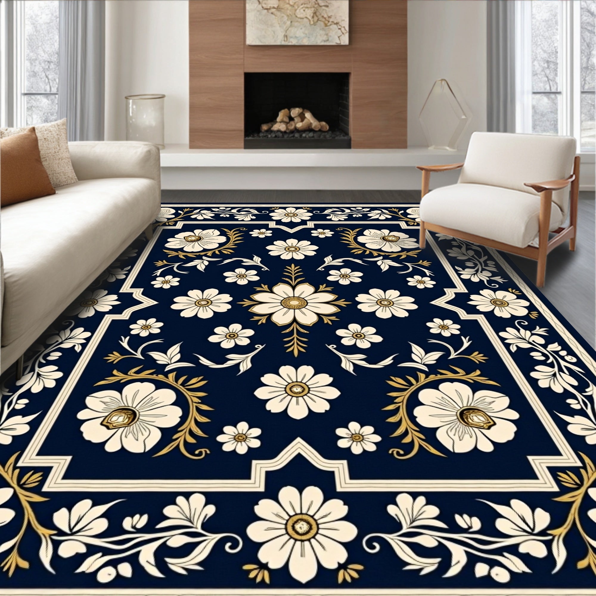 Elegant Navy White Floral Border Rug