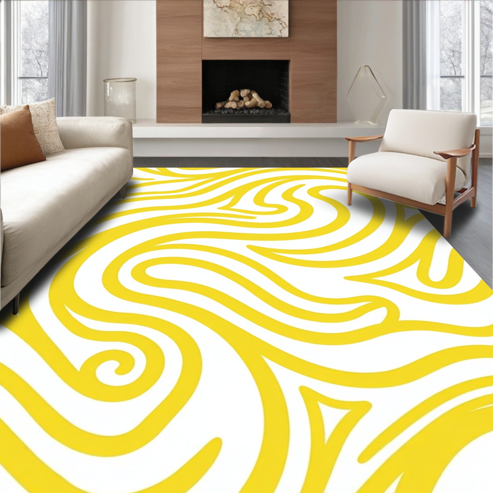 Yellow Flowing Lines Pattern Rug