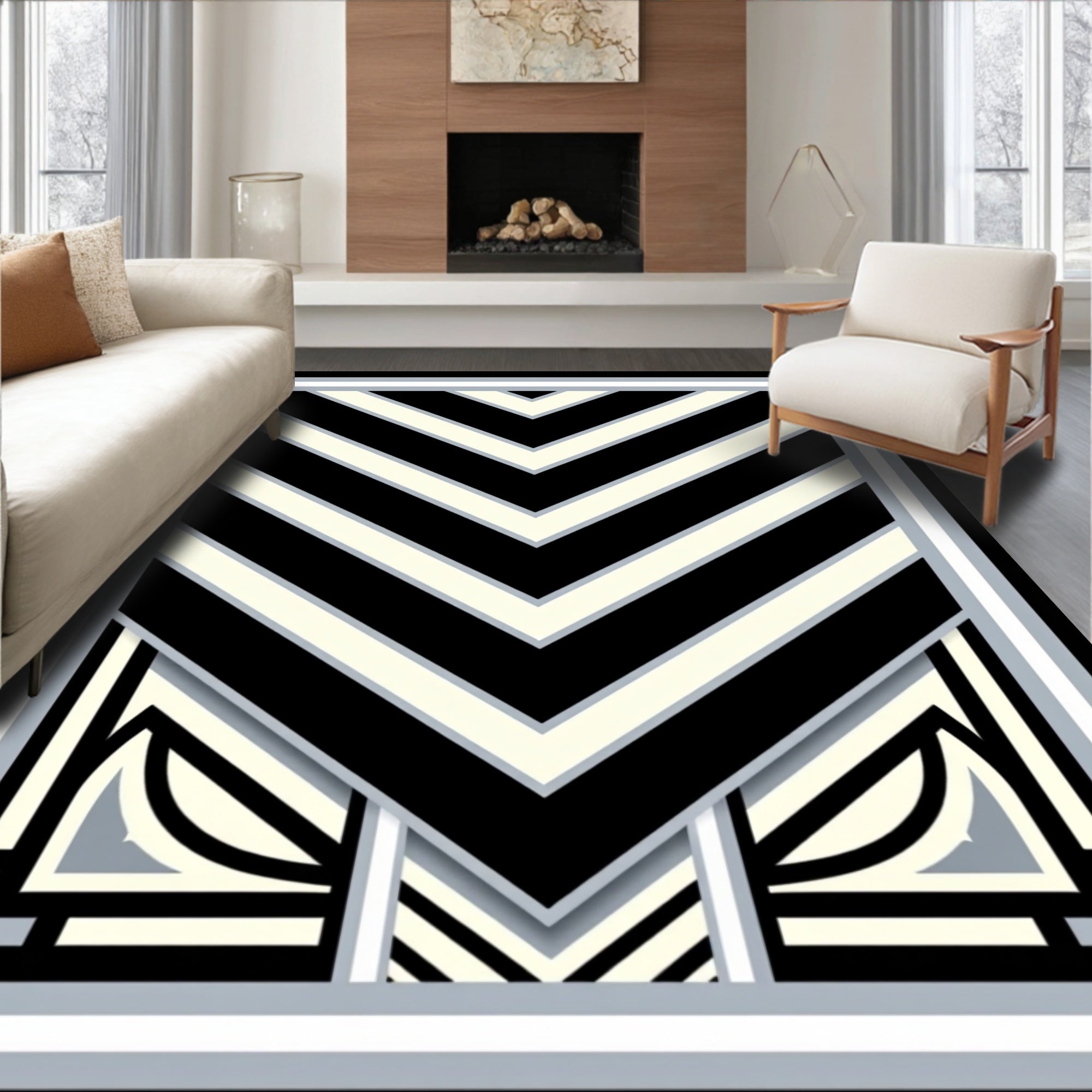Bold Black White Chevron Design Rug