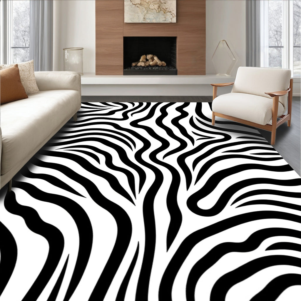 Bold Black White Stripped Animal Print Rug