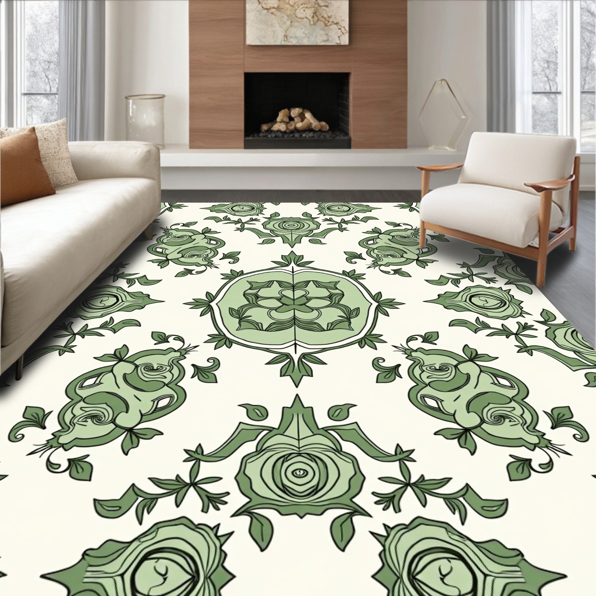 Green Nouveau Rose Scroll Pattern Rug