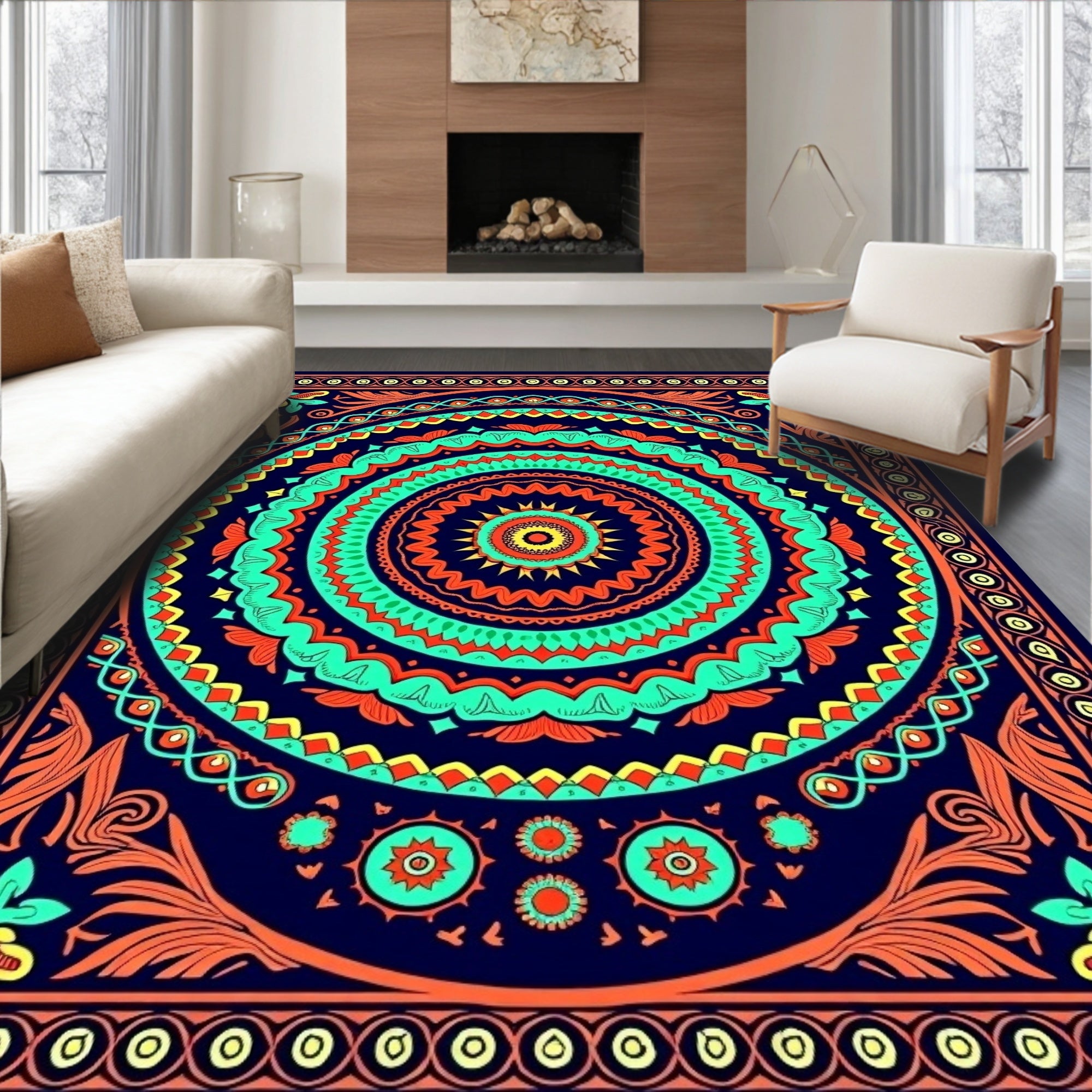 Vibrant Orange Teal Mandala Pattern Rug