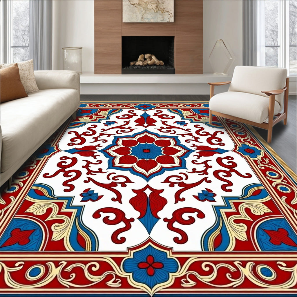 Red Blue Geometric Floral Repeating Pattern Rug