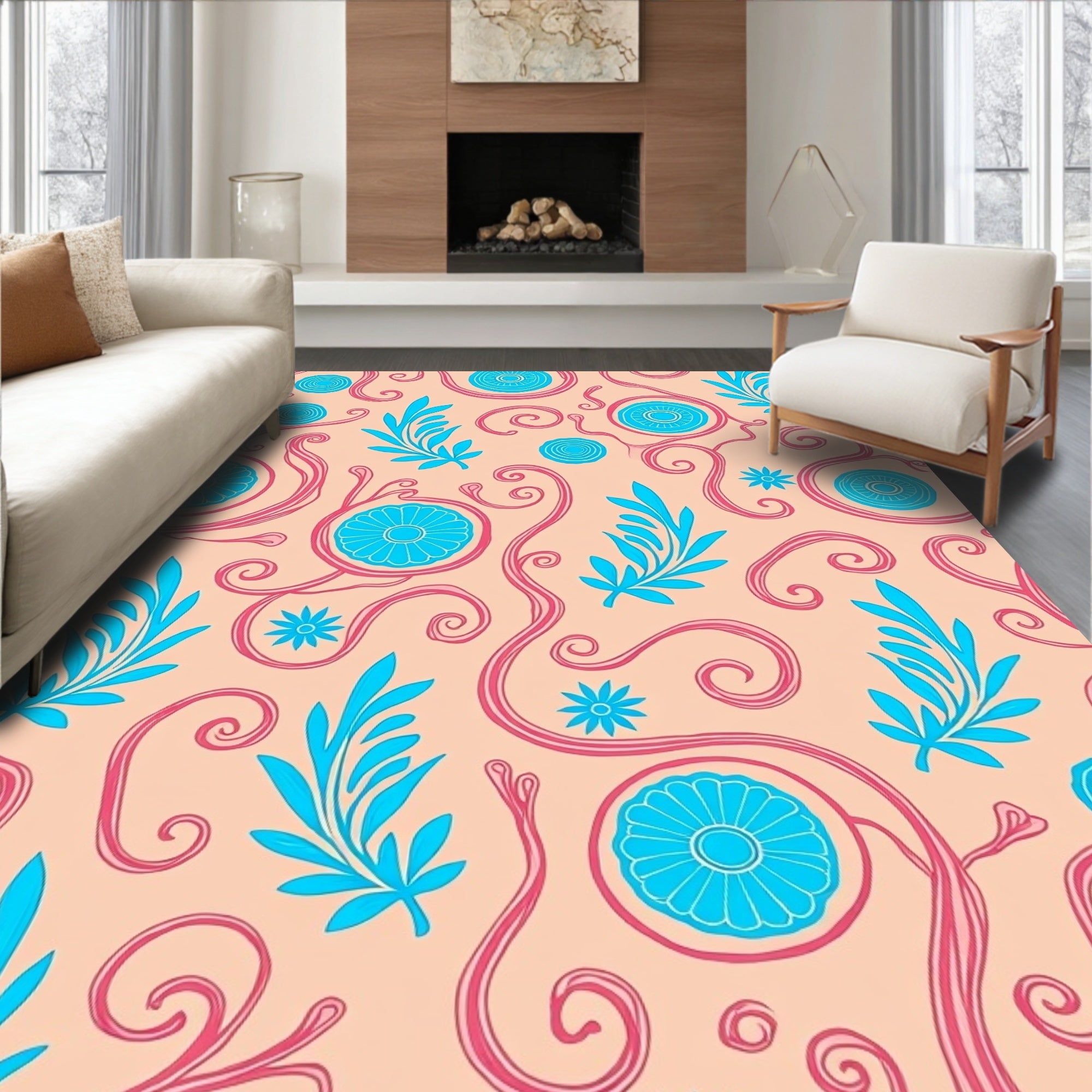 Coral Blue Swirl and Leaf Pattern Rug