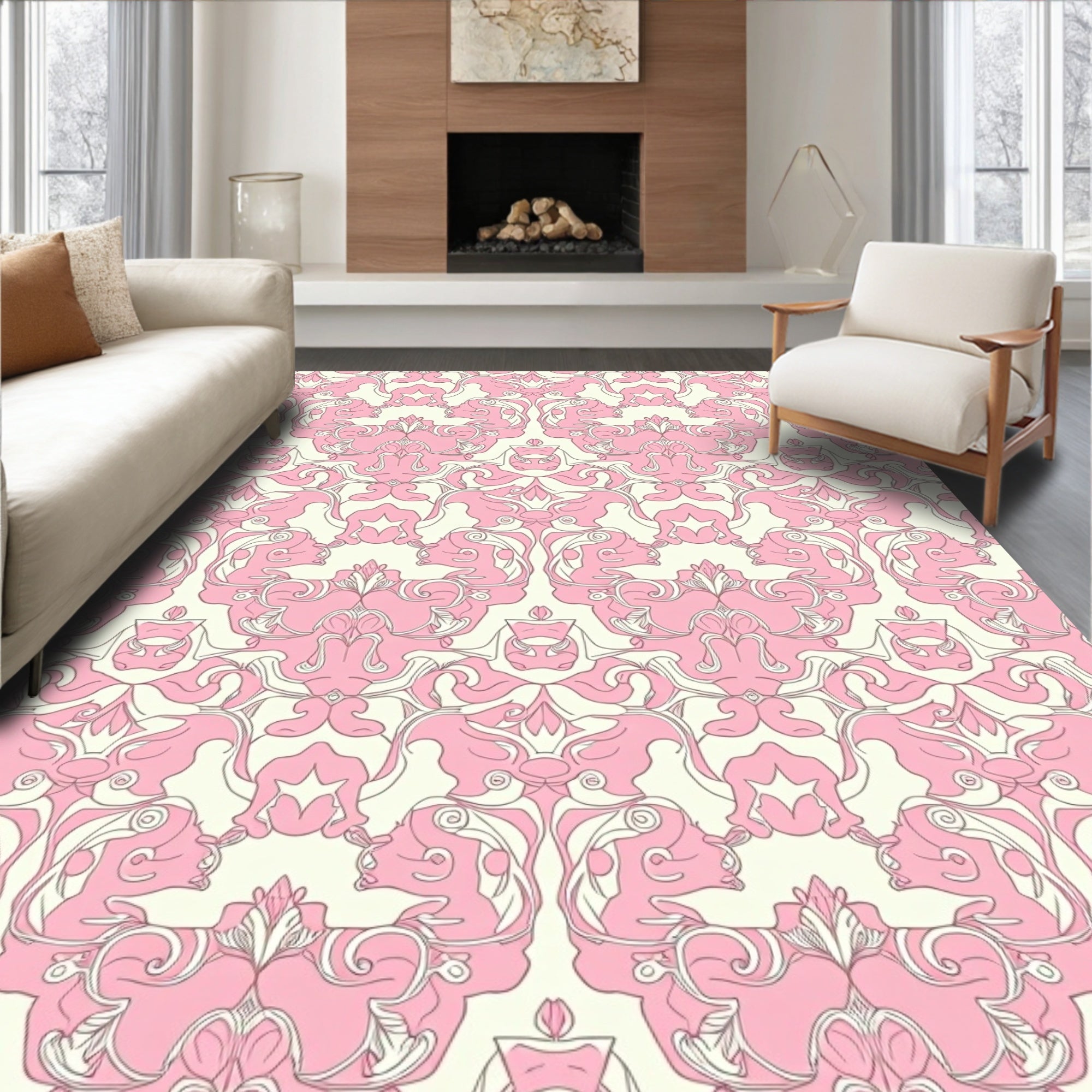 Pink Floral Swirl Repeat Pattern Rug