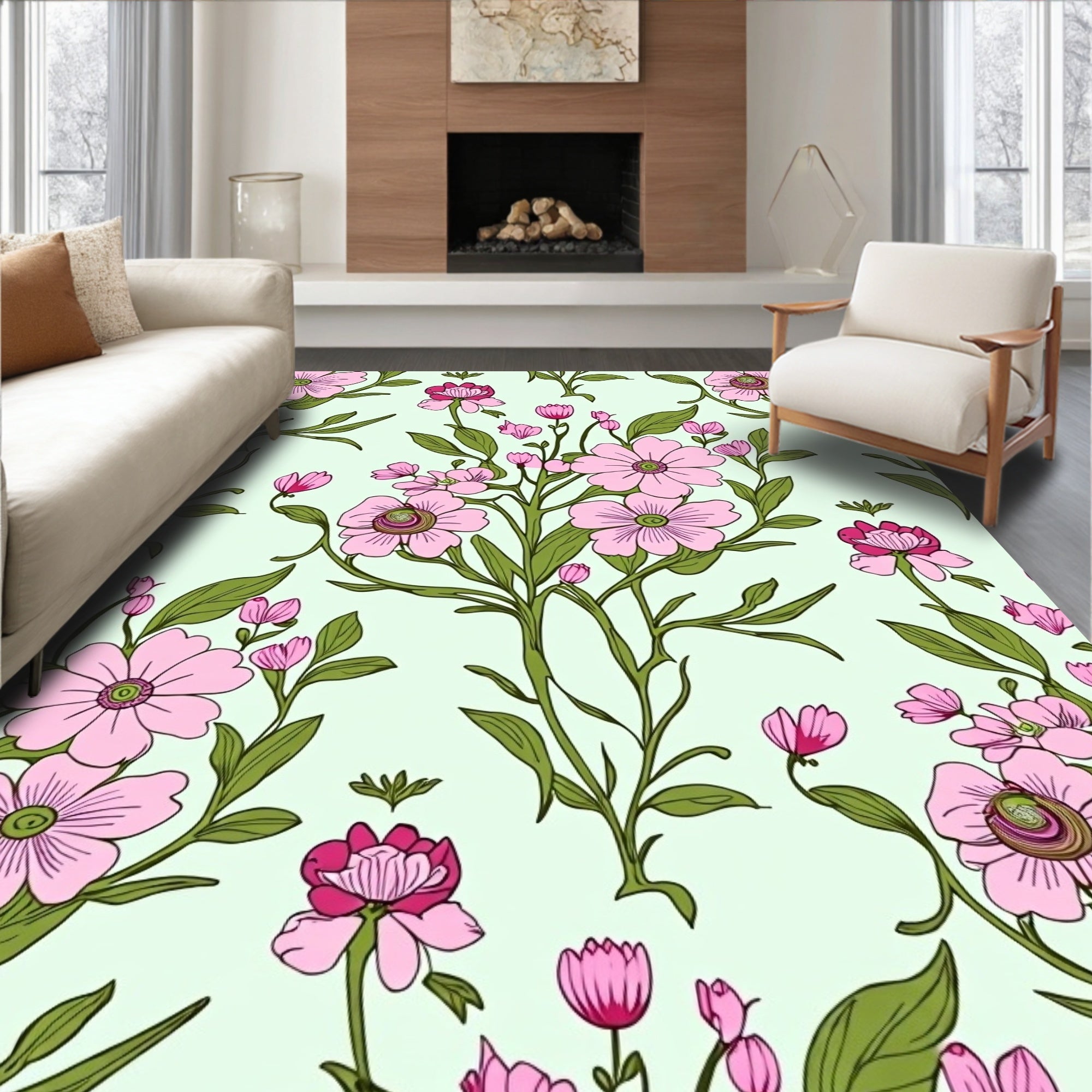 Delicate Pink Floral Vine Pattern Rug