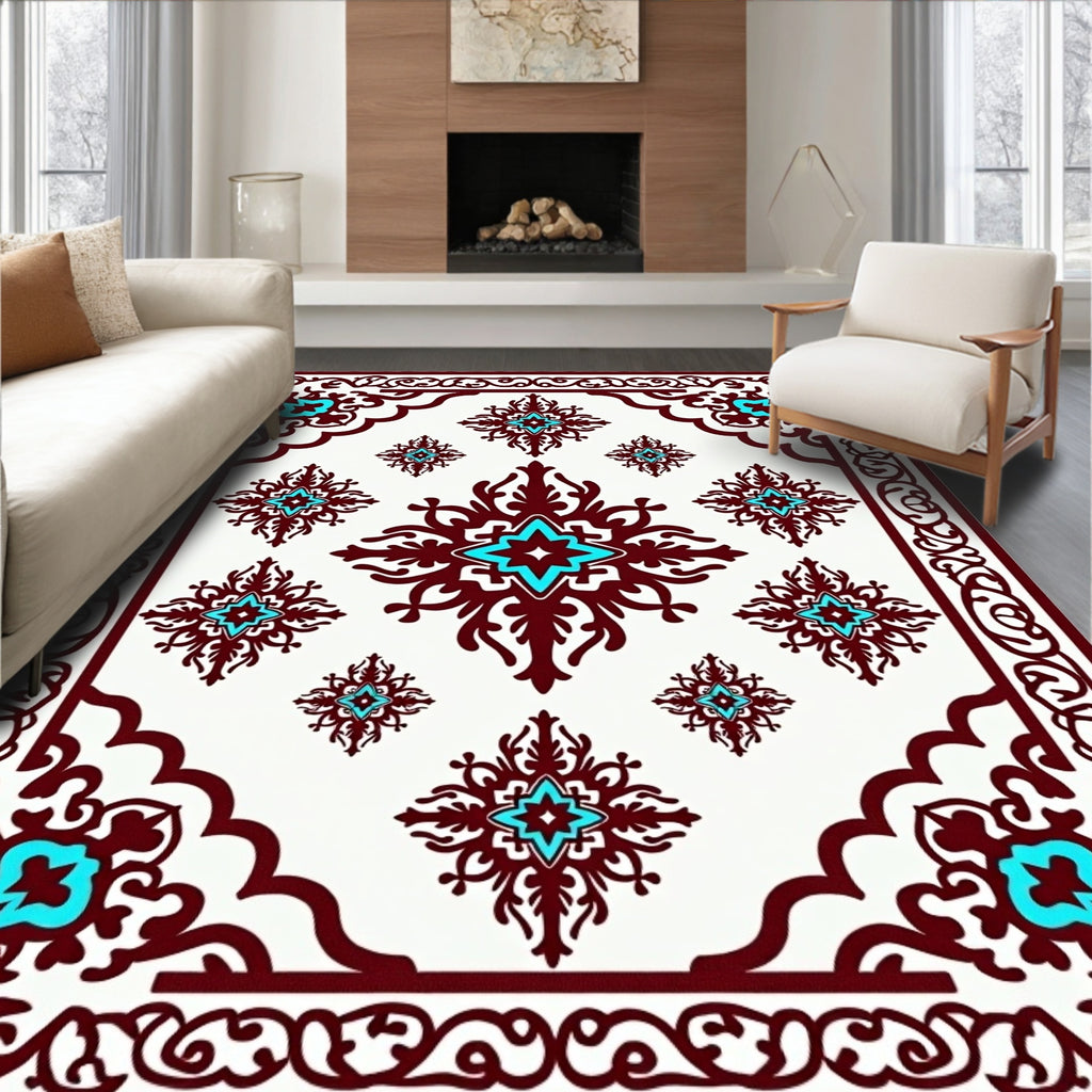 Ornate Burgundy Turquoise Floral Pattern Rug