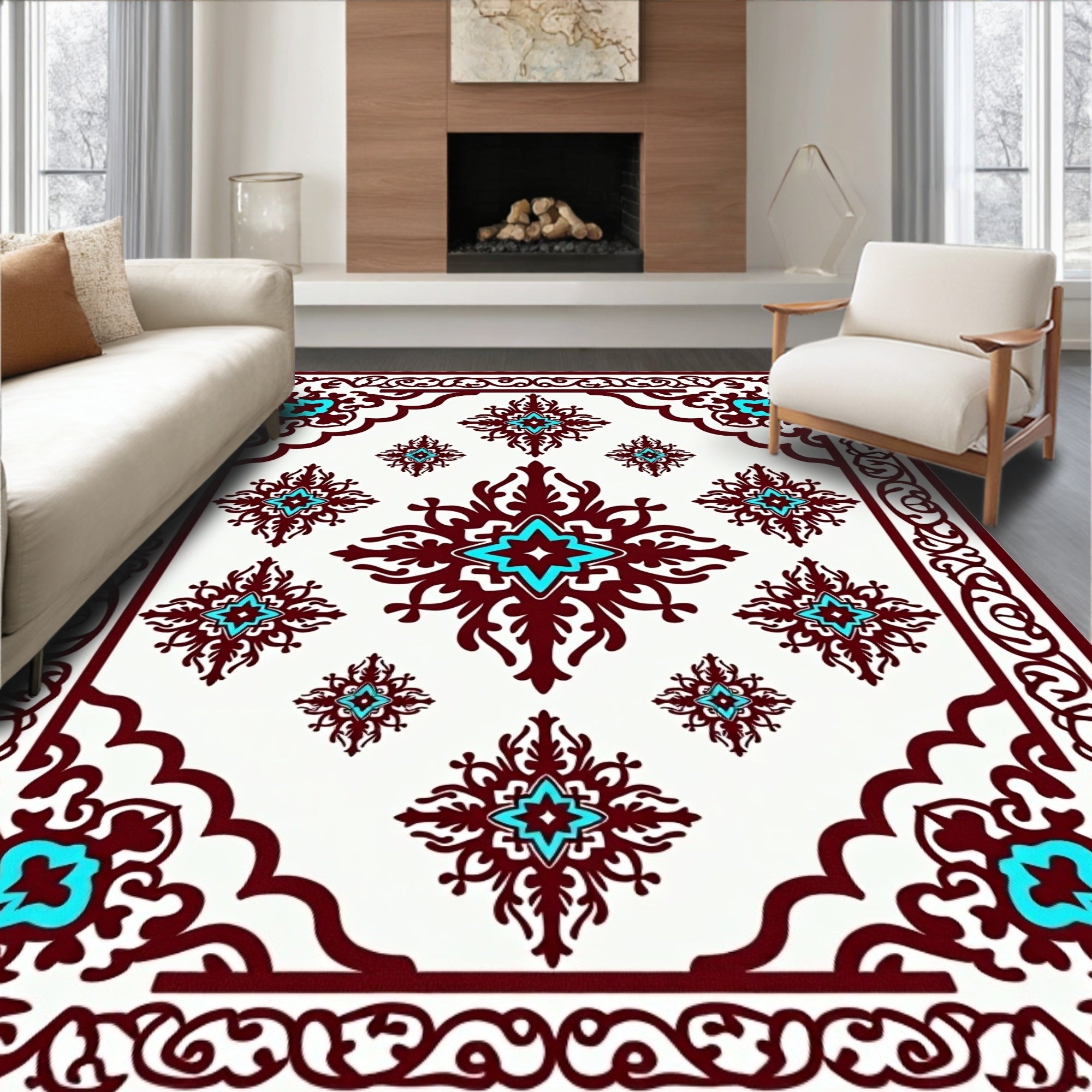 Ornate Burgundy Turquoise Floral Pattern Rug