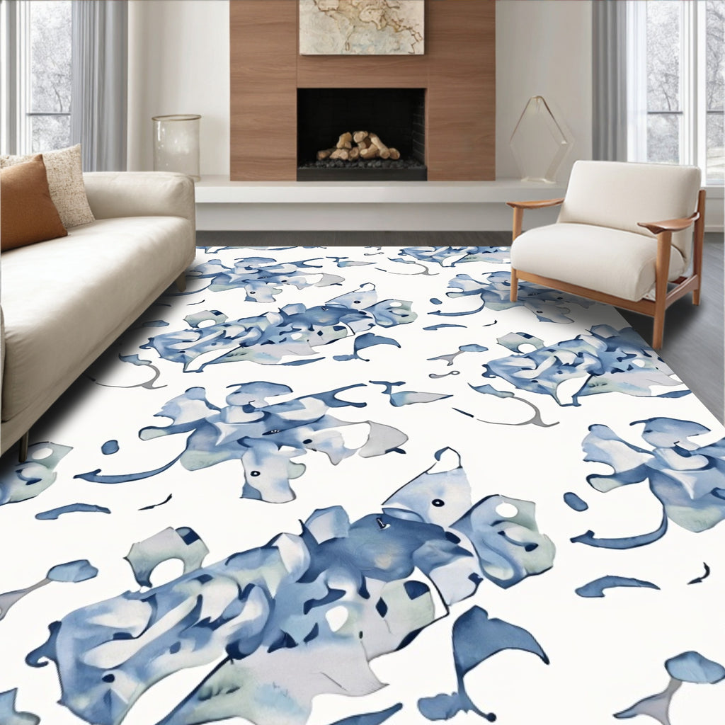 Abstract Blue Floral Watercolor Design Rug