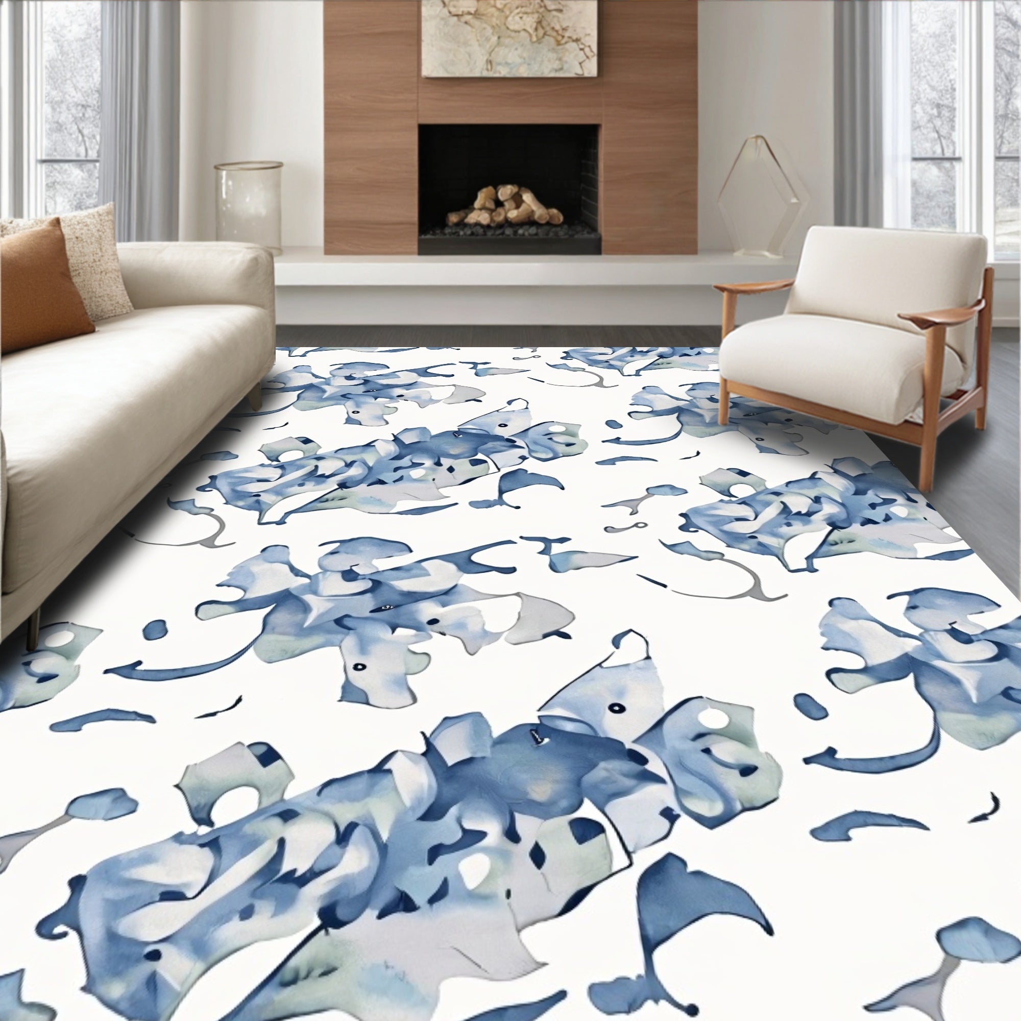 Abstract Blue Floral Watercolor Design Rug