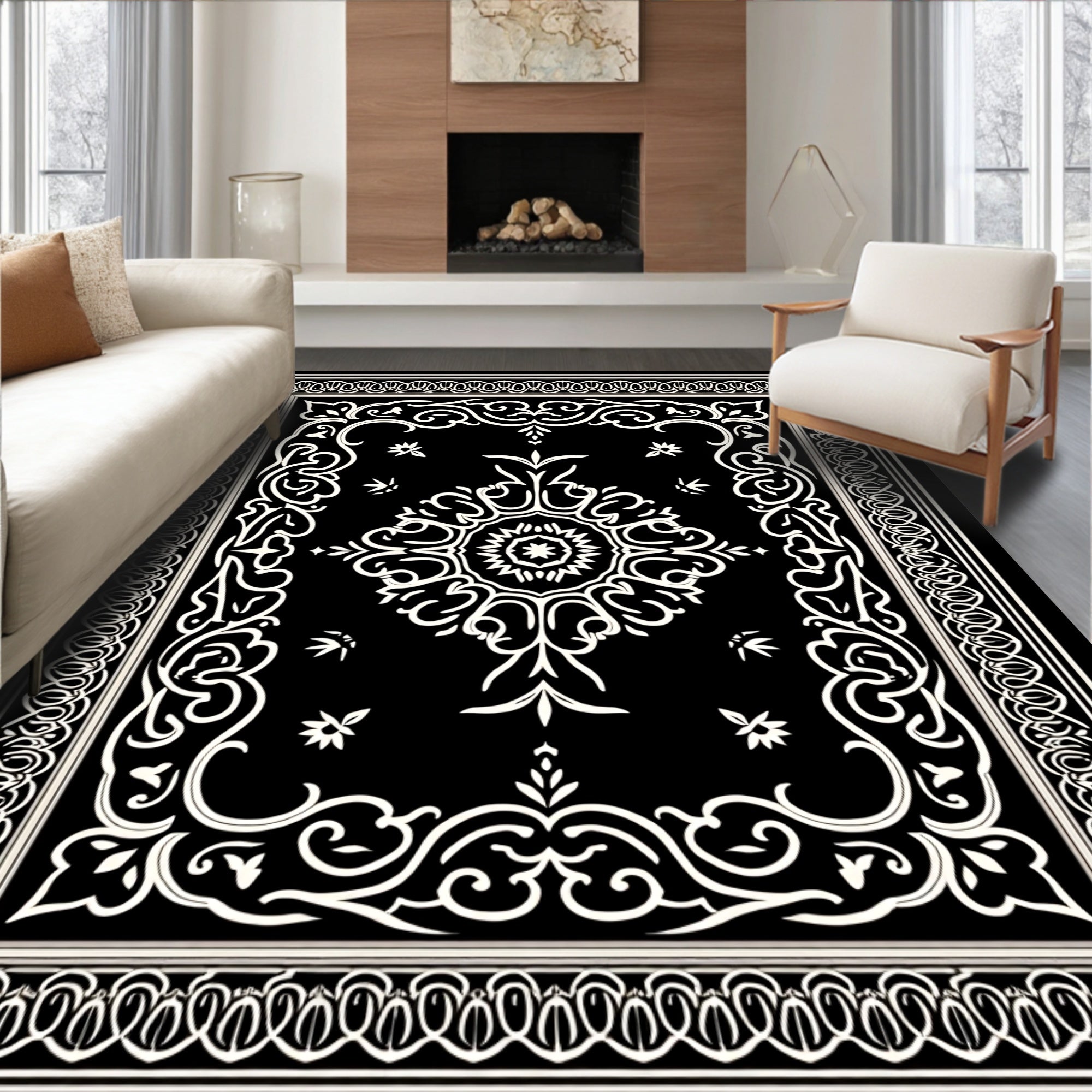 Classic Black White Ornamental Rug