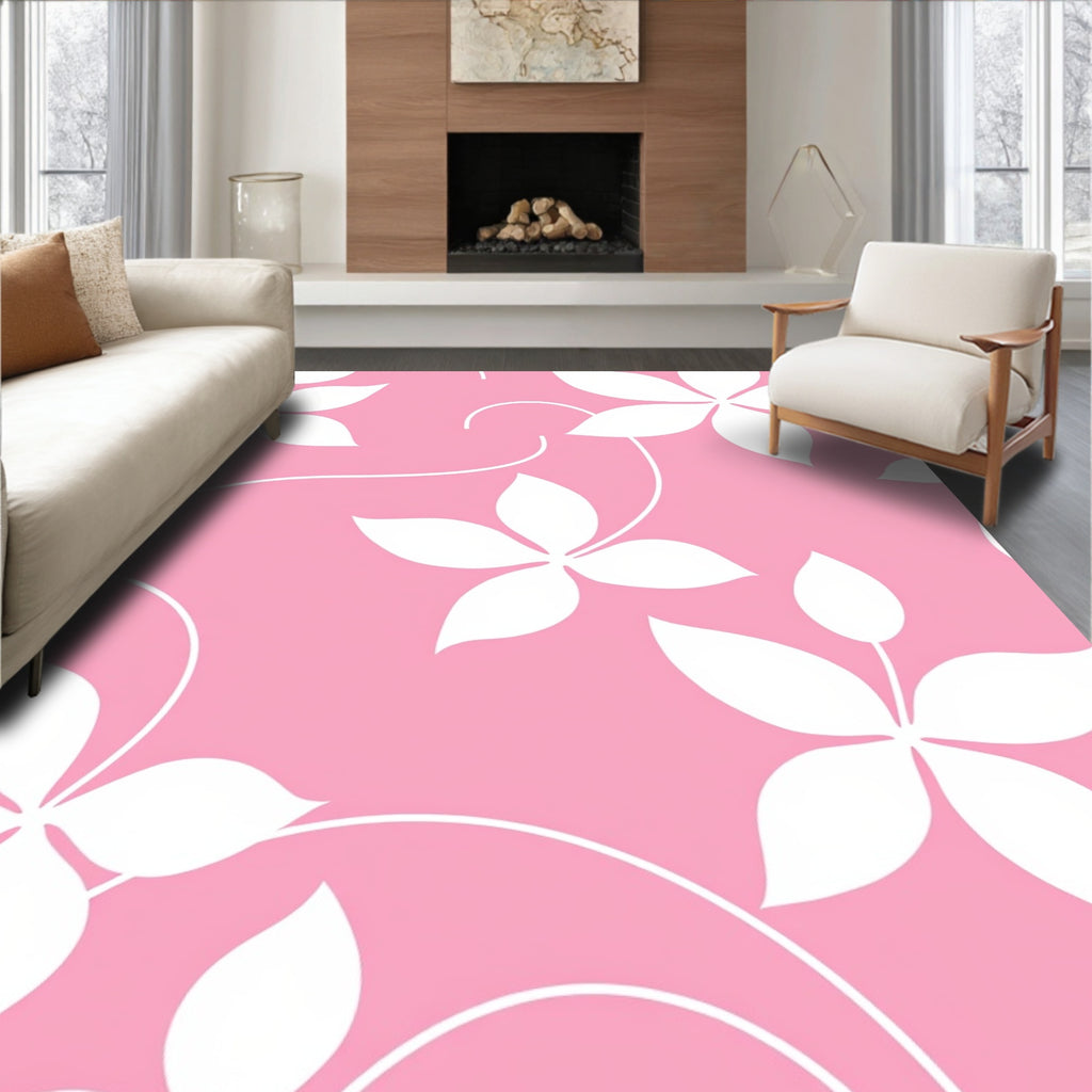 Delicate White Floral Swirl Pattern Rug