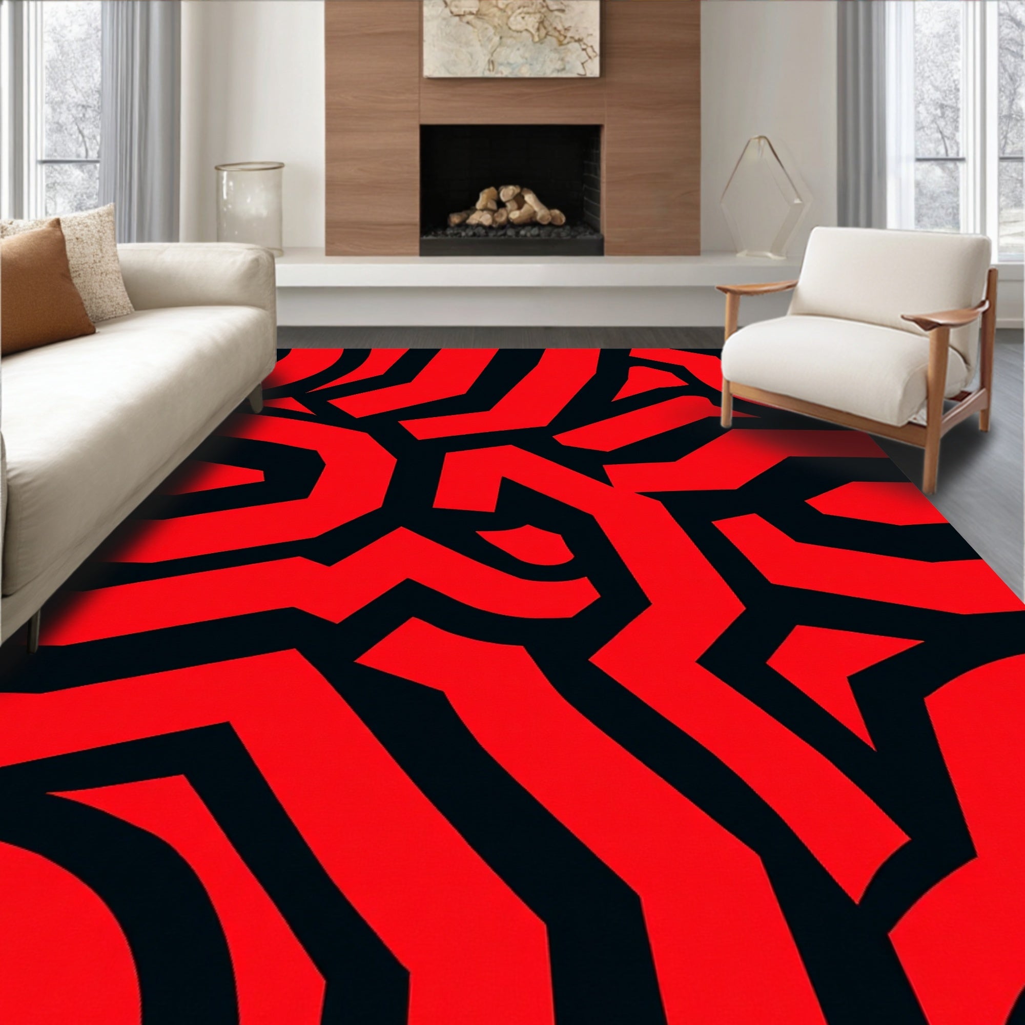 Bold Red Black Abstract Pattern Rug