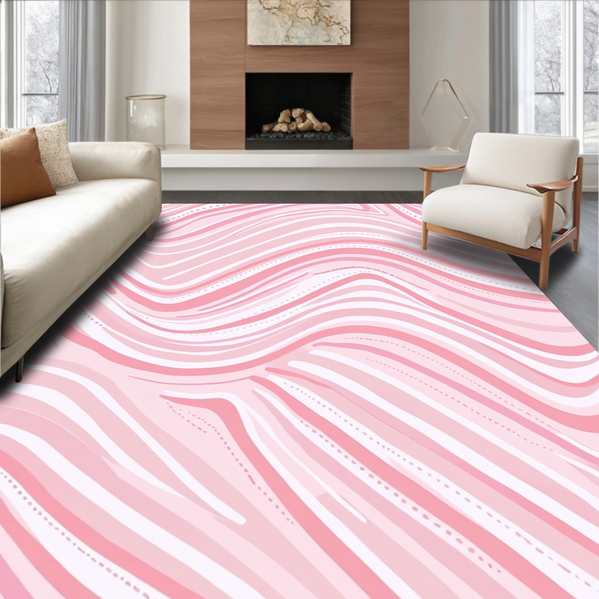 Pink Gentle Wavy Striped Design Rug
