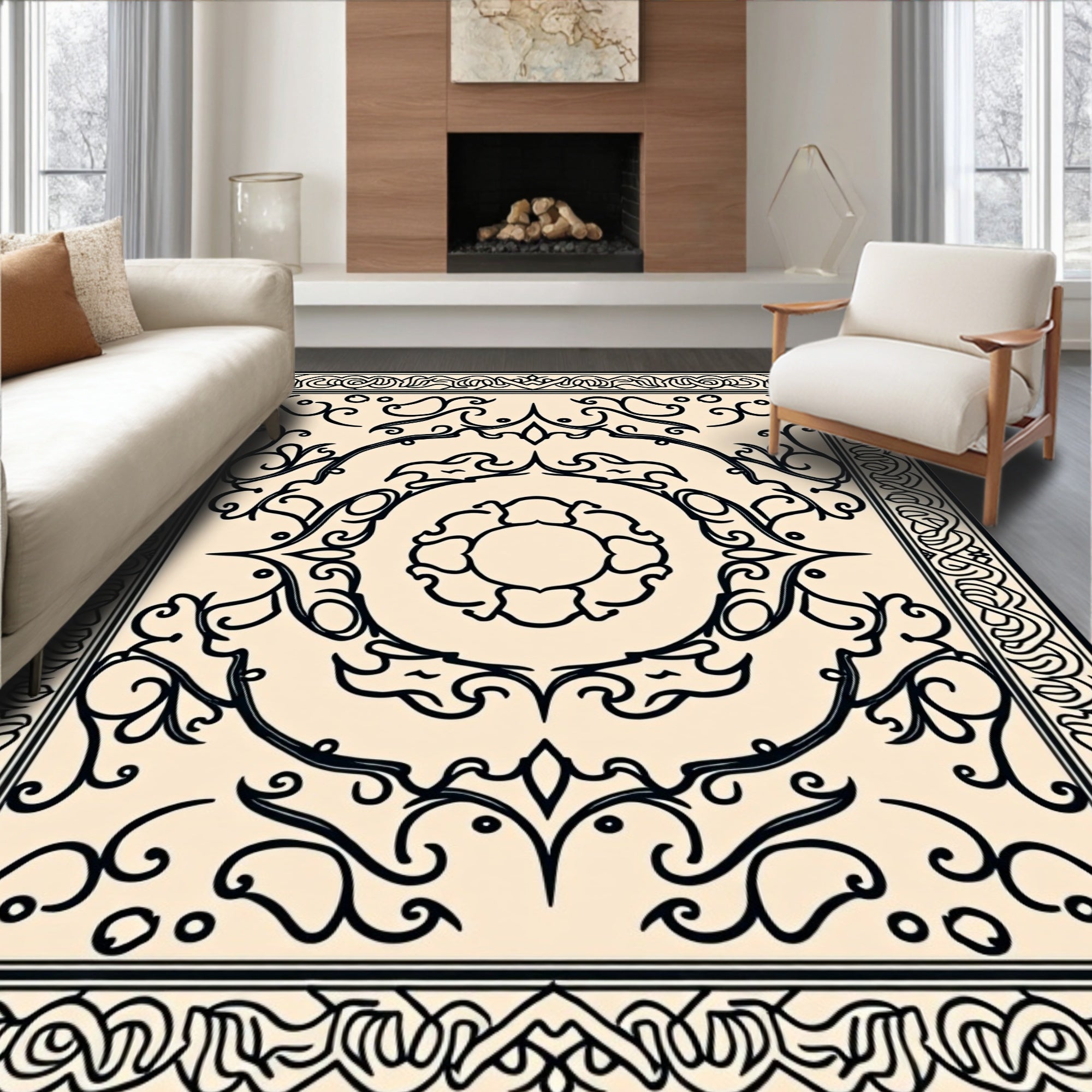 Cream Ornamental Scrollwork Rug