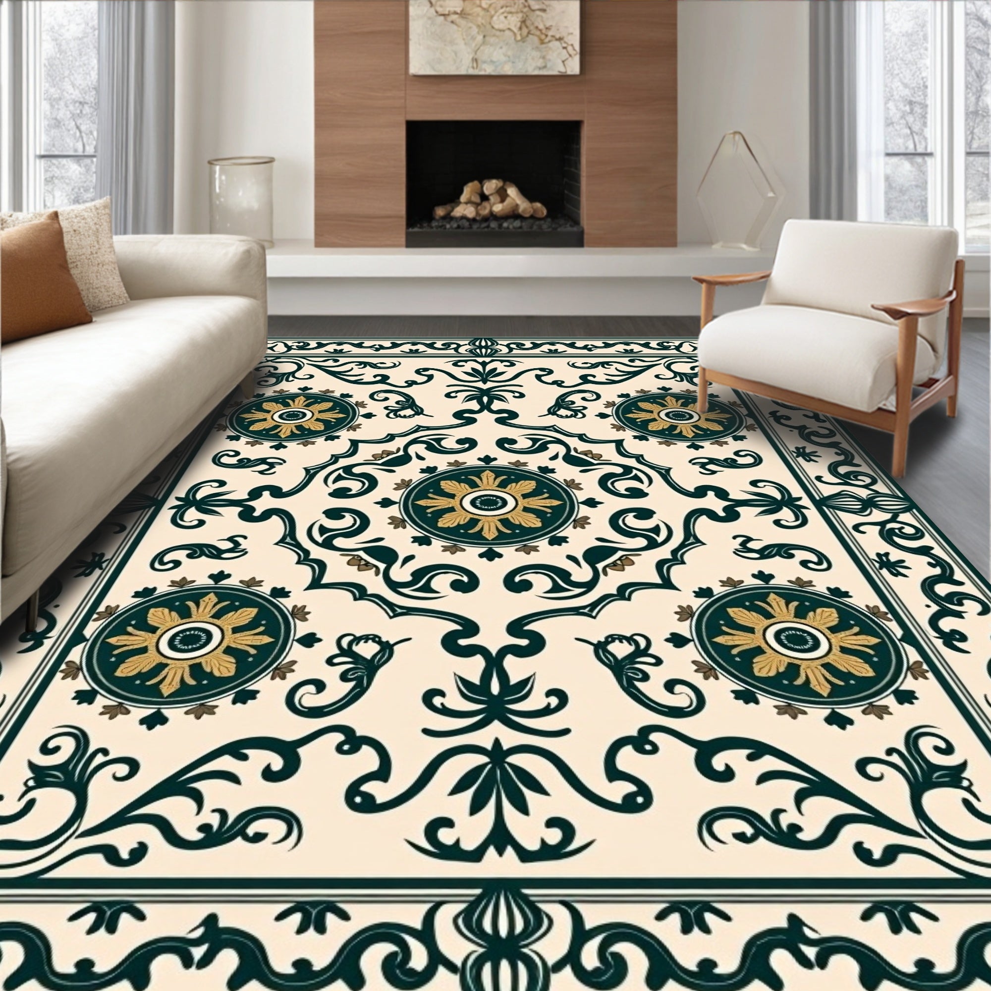 Ornate Medallion Emerald Scroll Design Rug