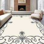 Ornate Black Scrollwork Elegant Border Rug