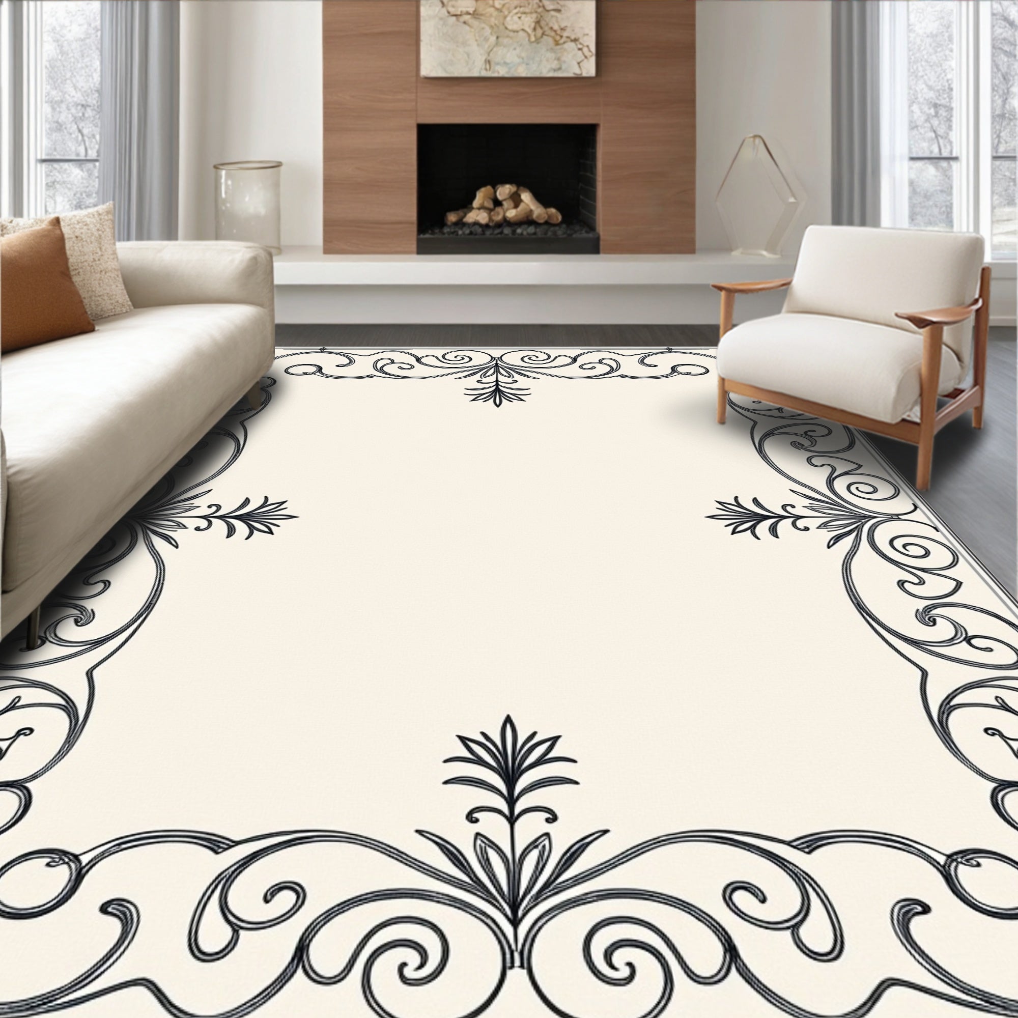 Ornate Black Scrollwork Elegant Border Rug