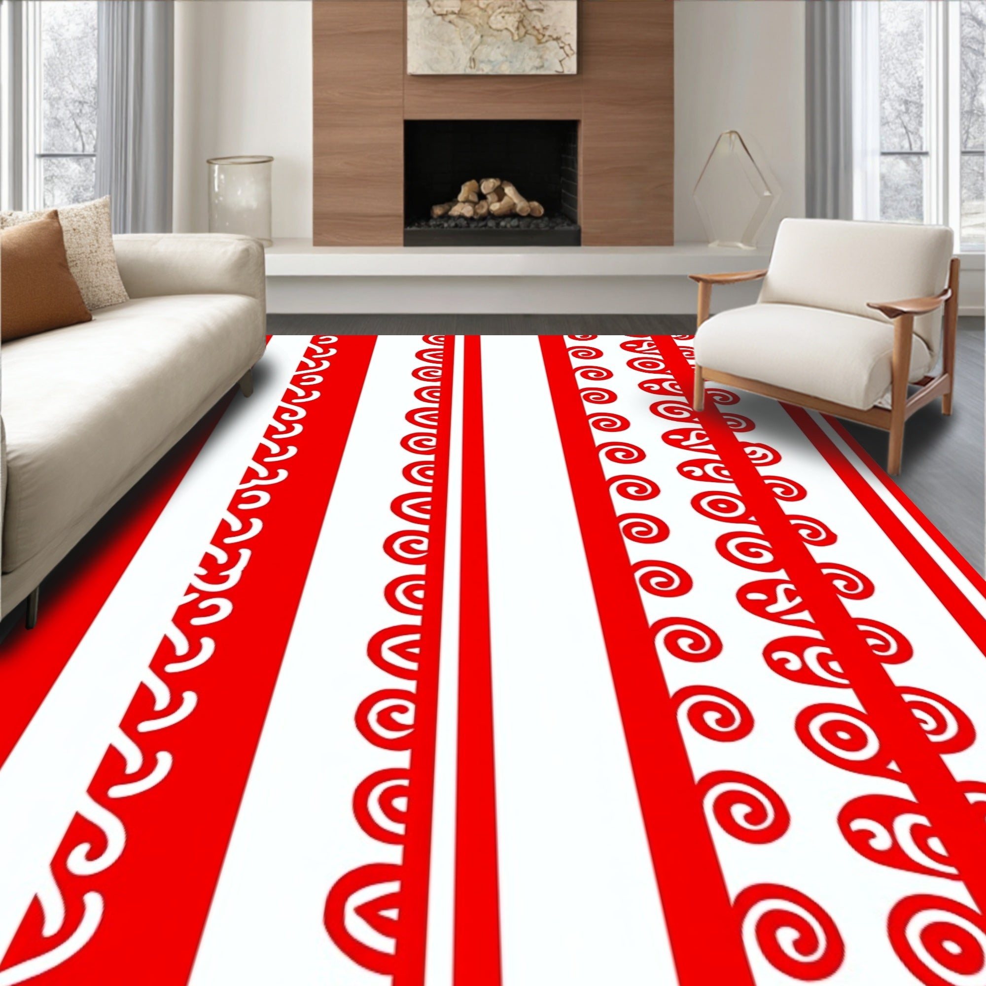 Red White Vertical Scroll Stripe Rug