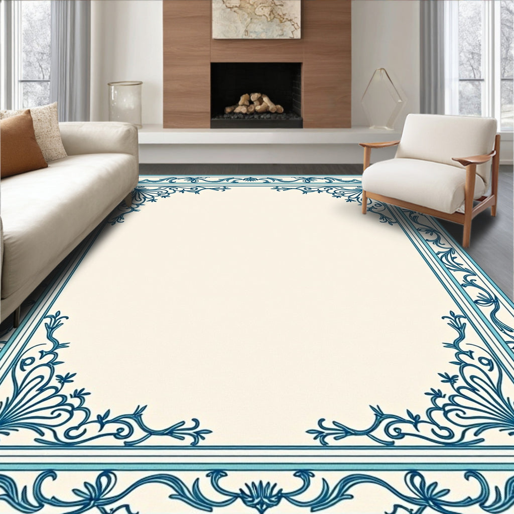 Classic Teal Vine Scroll Border Design Rug
